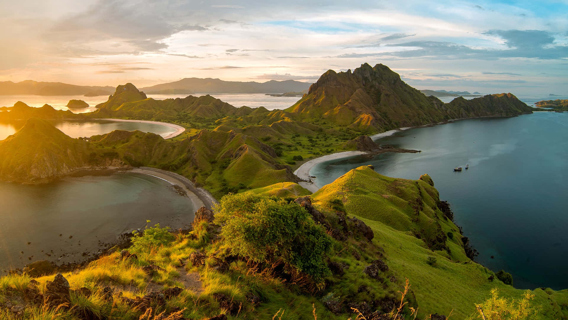 Komodo Island, sunset, emerald cliffs, Full HD Desktop Wallpaper