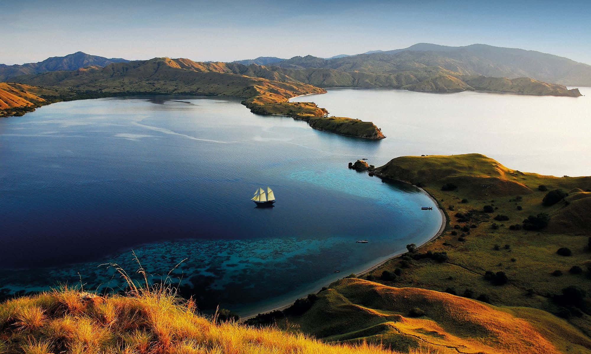 Komodo Island, turquoise waters, golden hills, Full HD Desktop Wallpaper