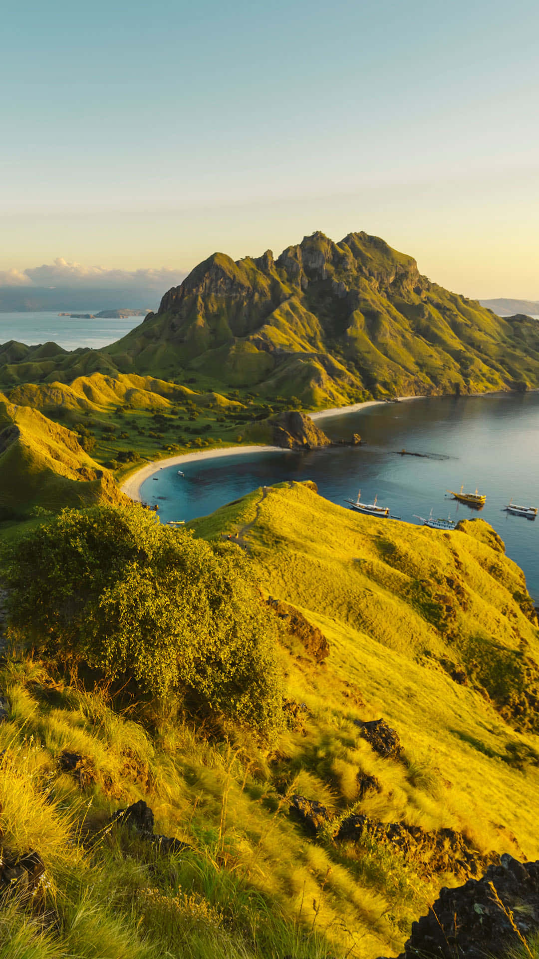 Komodo Island, Green Mountains, crescent beach, Full HD Phone Wallpaper