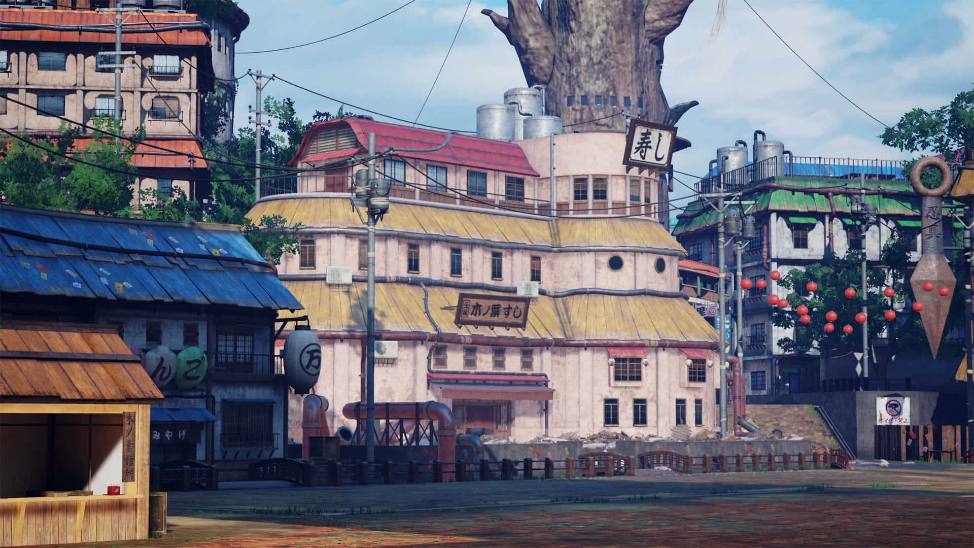 Konoha, The Village Hidden In The Leaves, anime-style village street, Full HD Desktop Wallpaper
