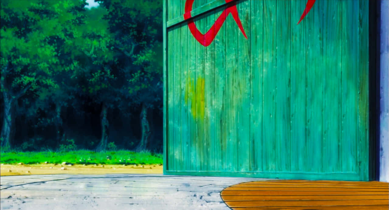 Konoha, teal wooden gate, red graffiti, SD Desktop Wallpaper