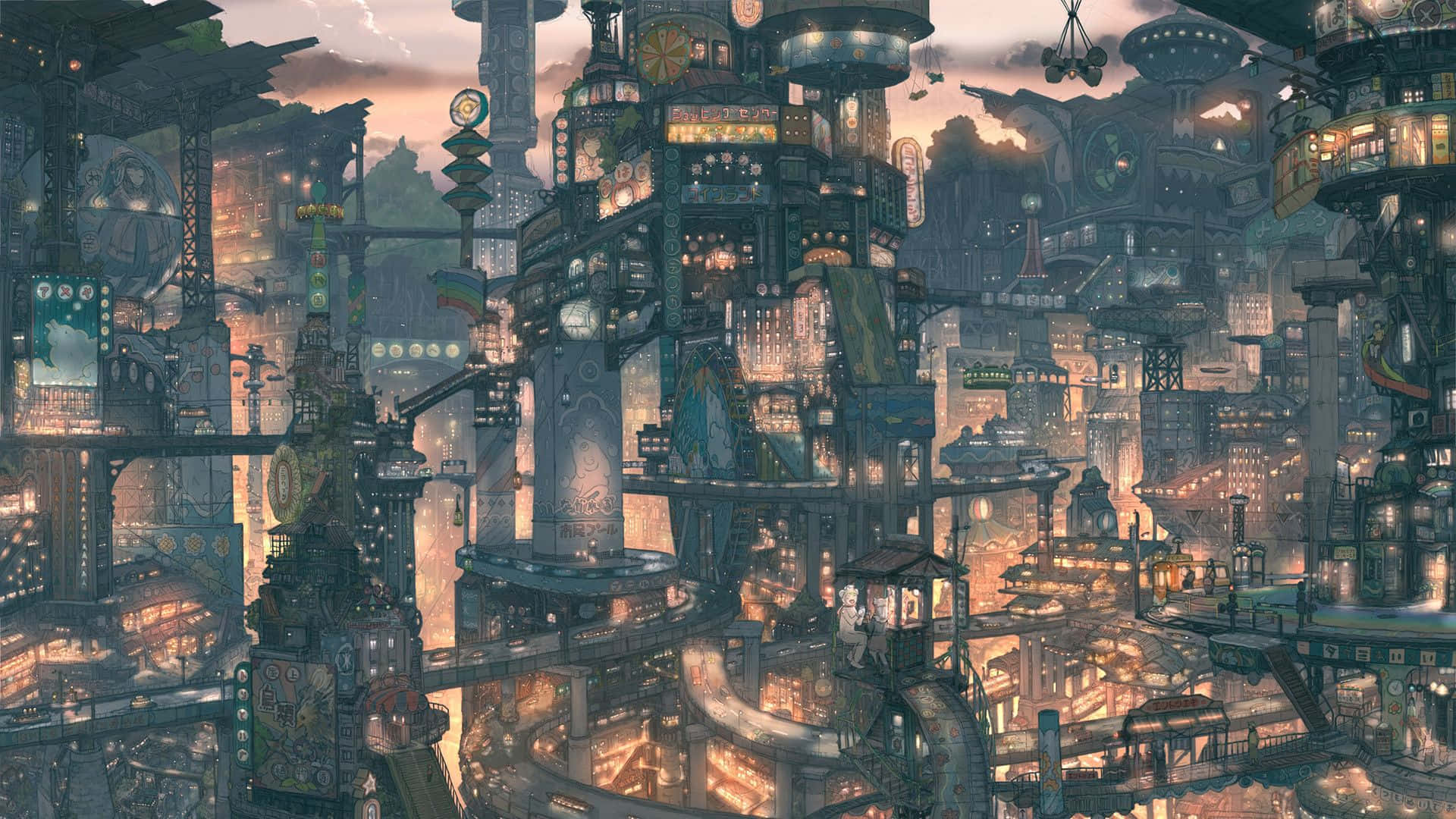 Konoha, futuristic cityscape, dusk, Full HD Desktop Wallpaper