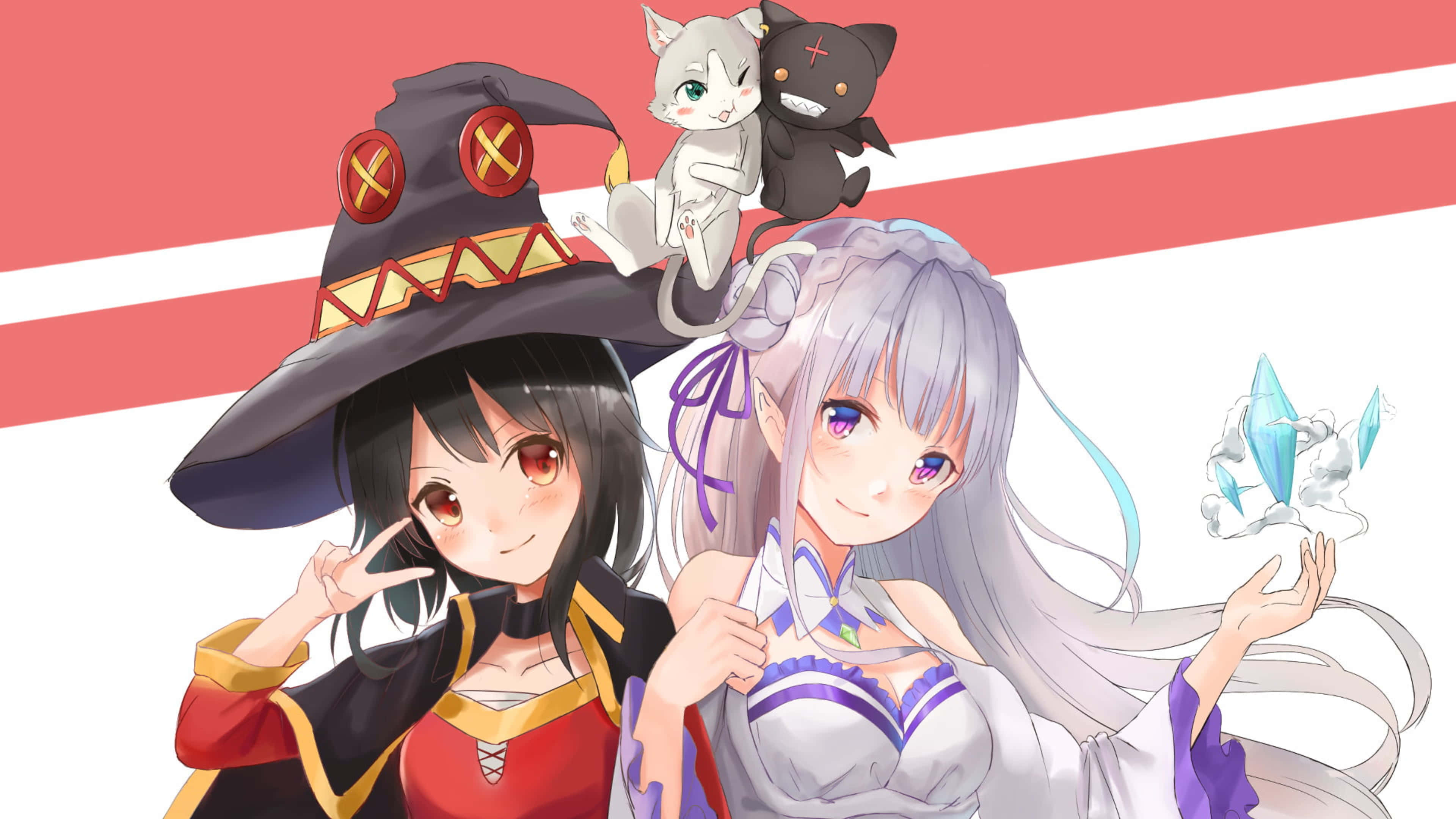 Konosuba 4K, witch hat, red and white striped background, 4K Desktop Wallpaper