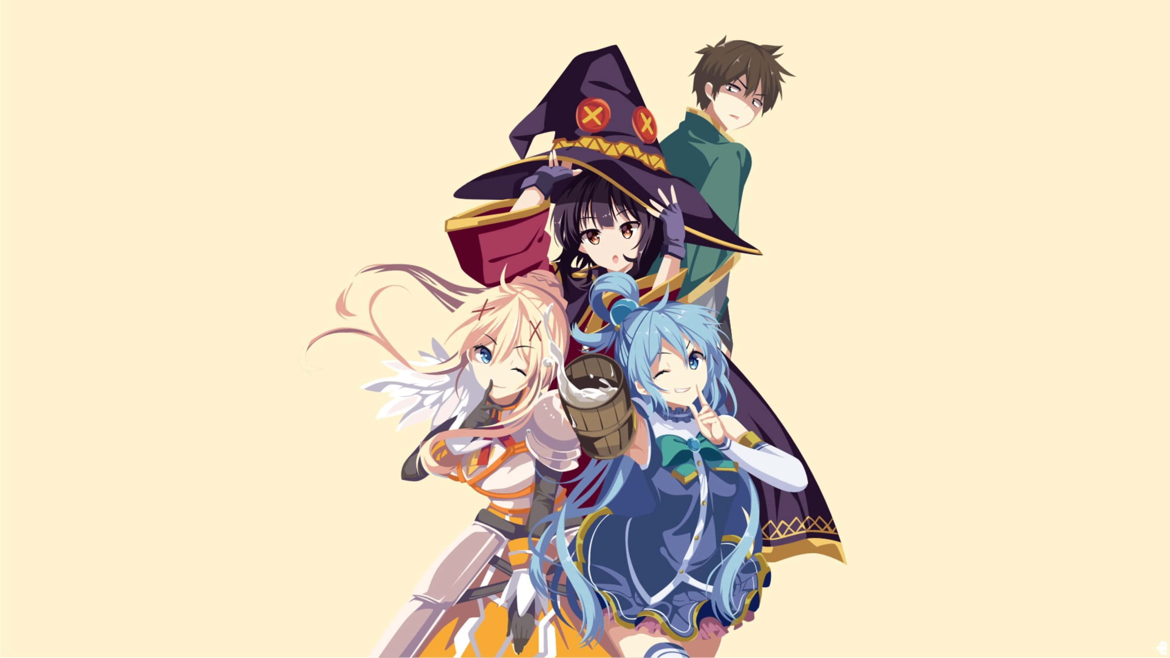 Konosuba 4K, anime characters, fantasy attire, 4K Desktop Wallpaper