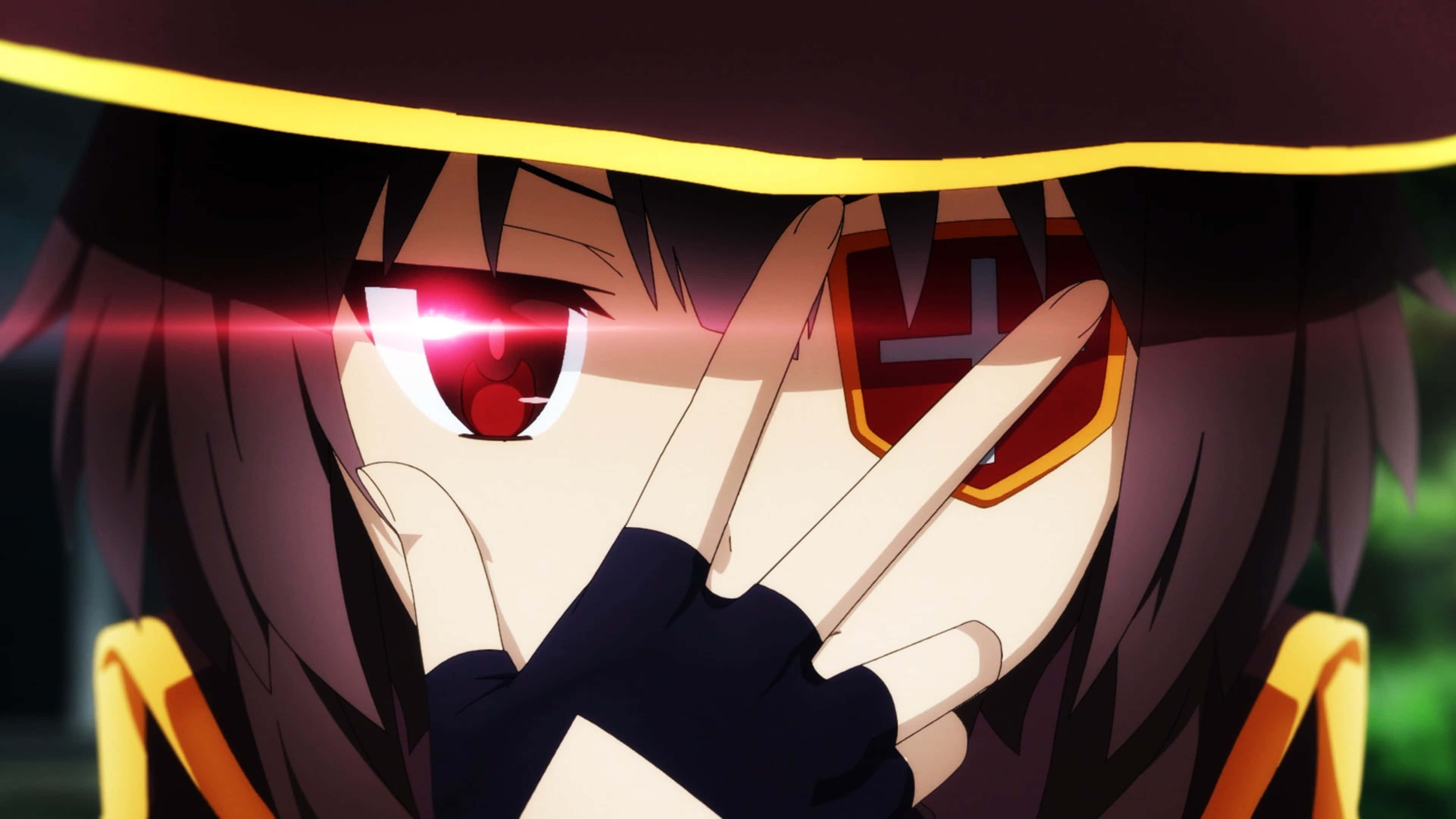 Konosuba 4K, glowing red eye, yellow-trimmed hat, 4K Desktop Wallpaper