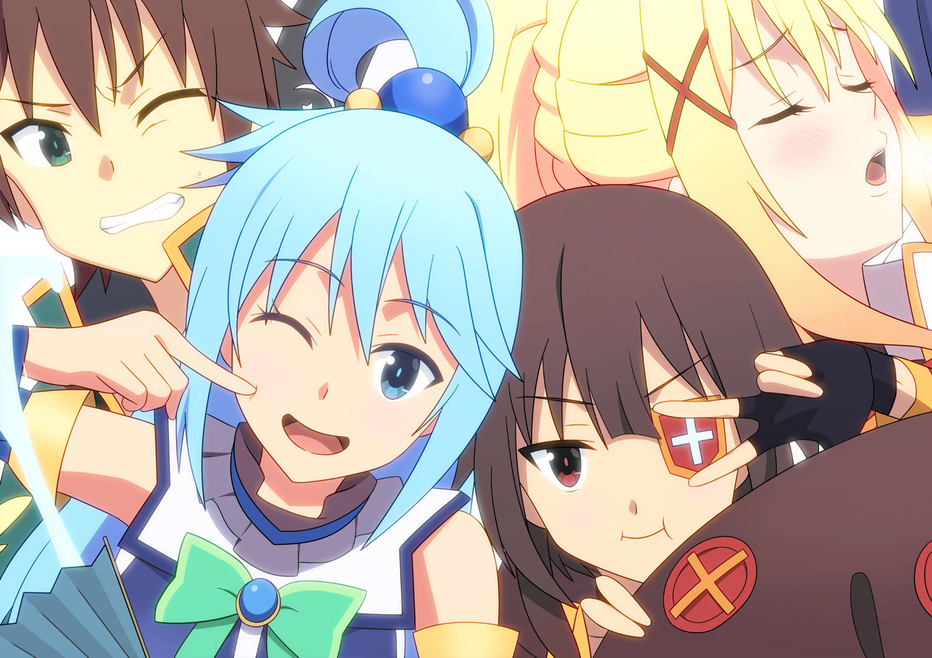 Konosuba, anime characters, vibrant hair colors, Full HD Desktop Wallpaper