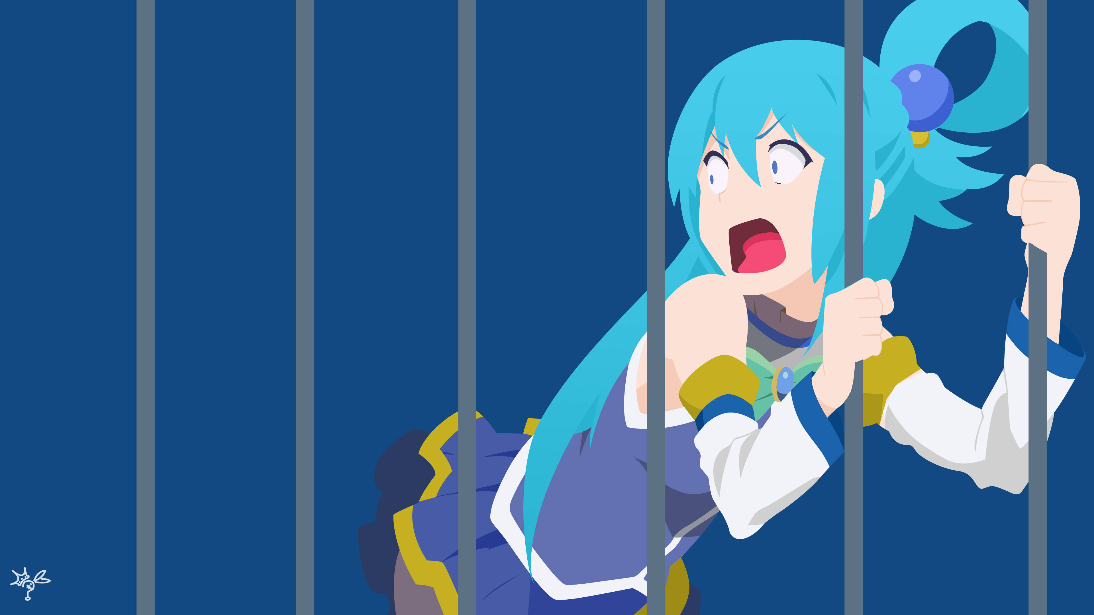 Konosuba, turquoise hair, prison bars, 4K Desktop Wallpaper