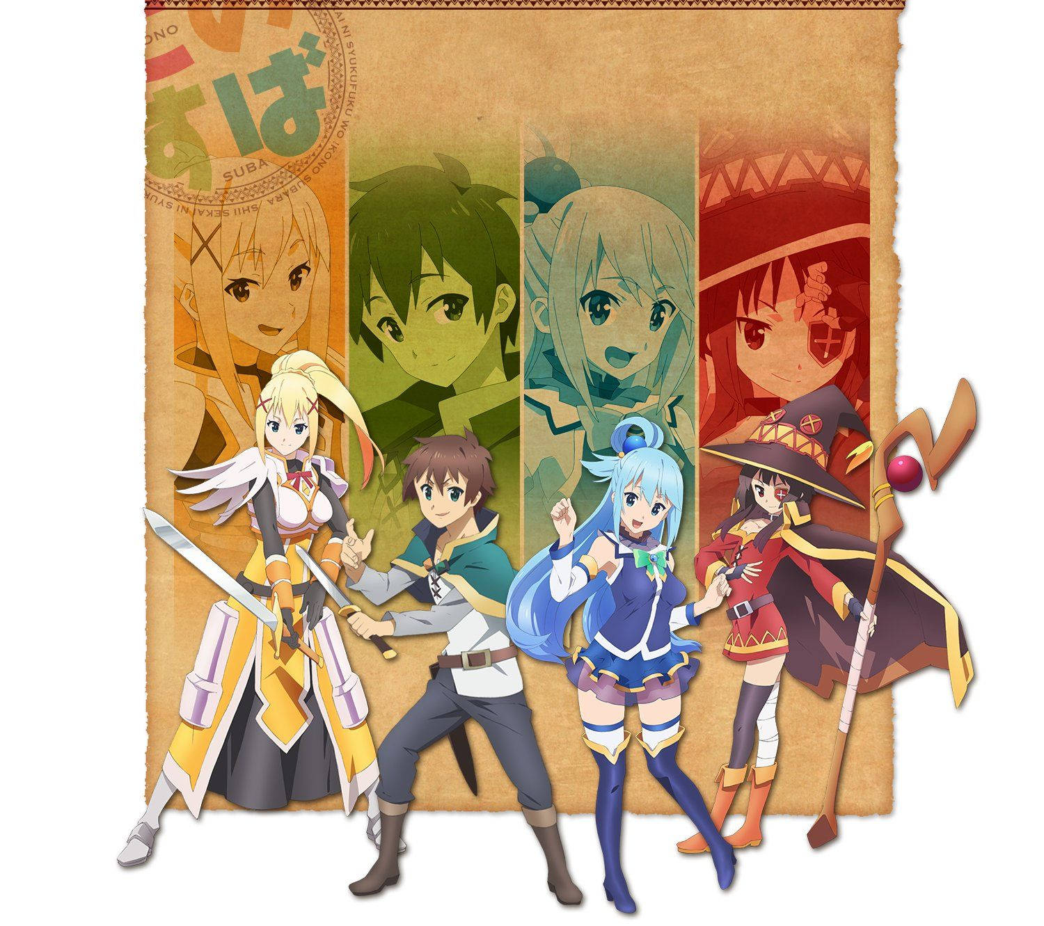Konosuba, anime characters, fantasy attire, HD Desktop Wallpaper