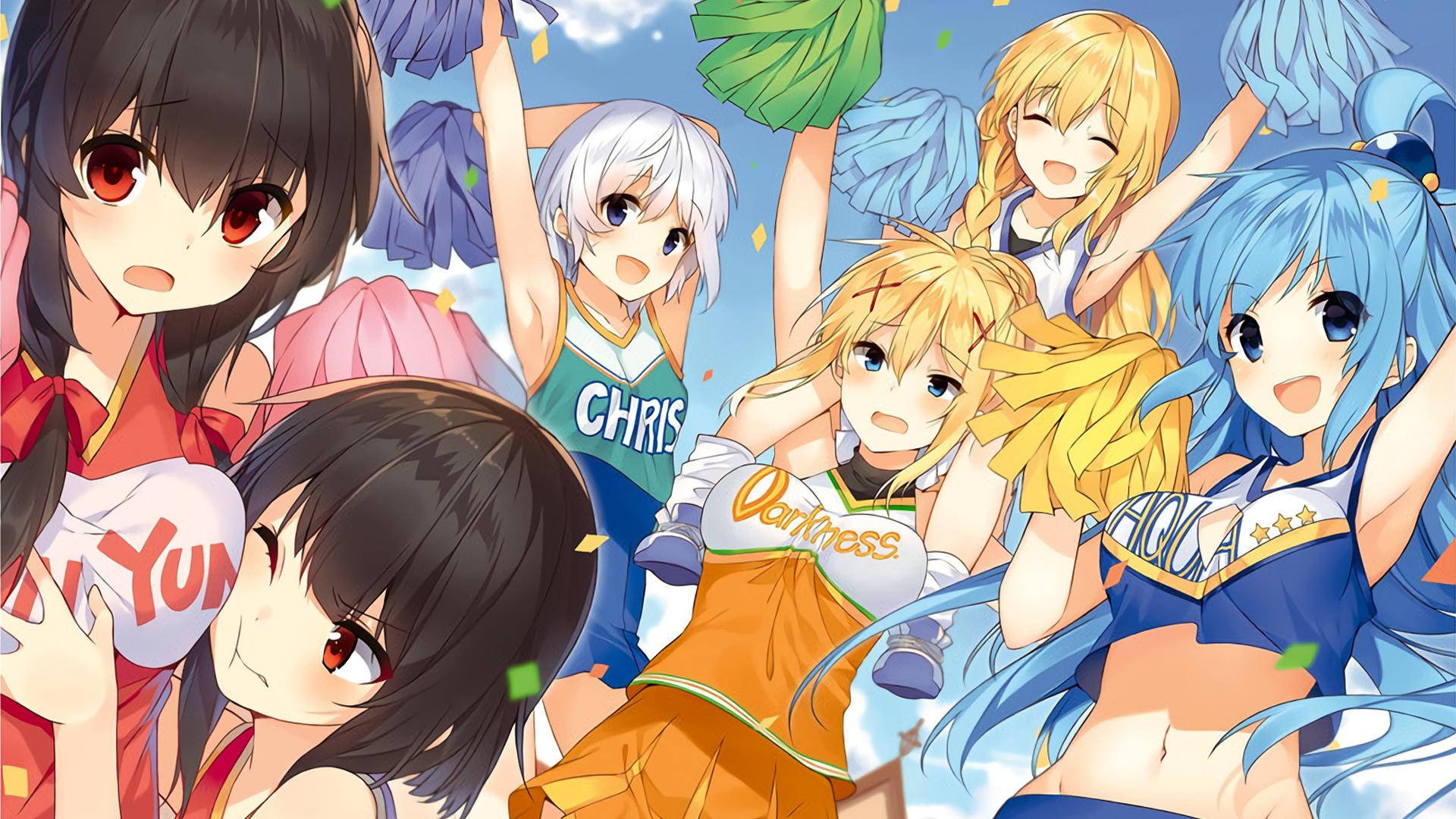 Konosuba, cheer squad, pom-poms, Full HD Desktop Wallpaper