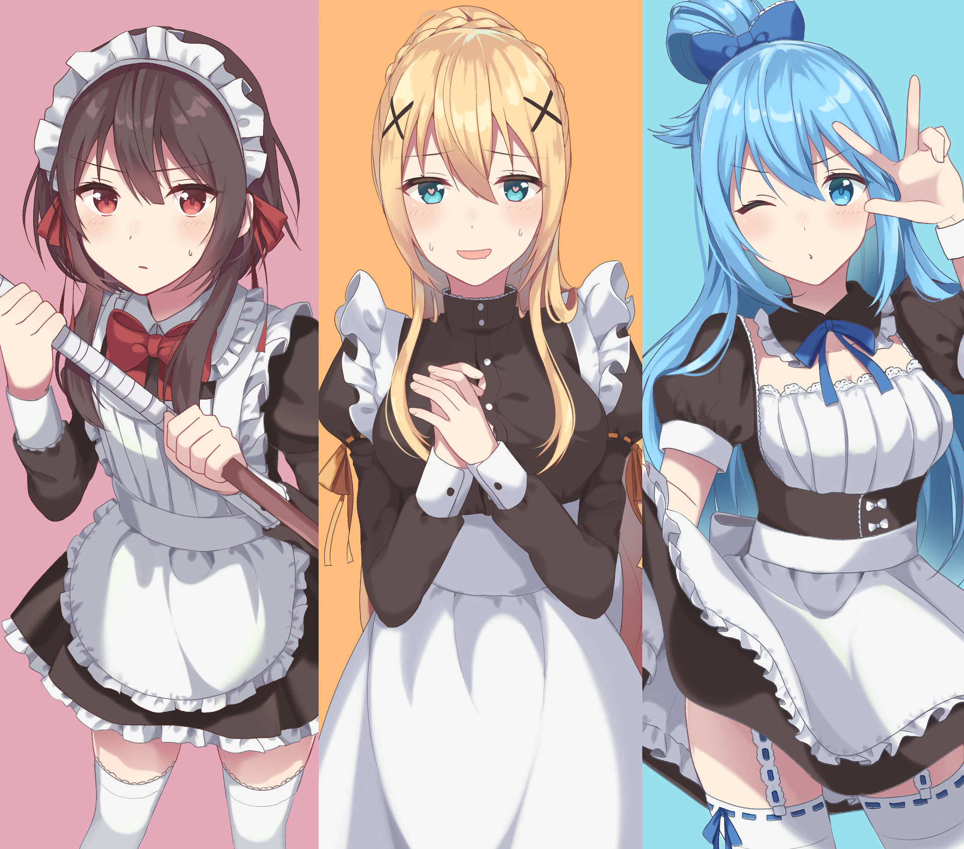 Konosuba, female trio, anime maid girls, Full HD Desktop Wallpaper