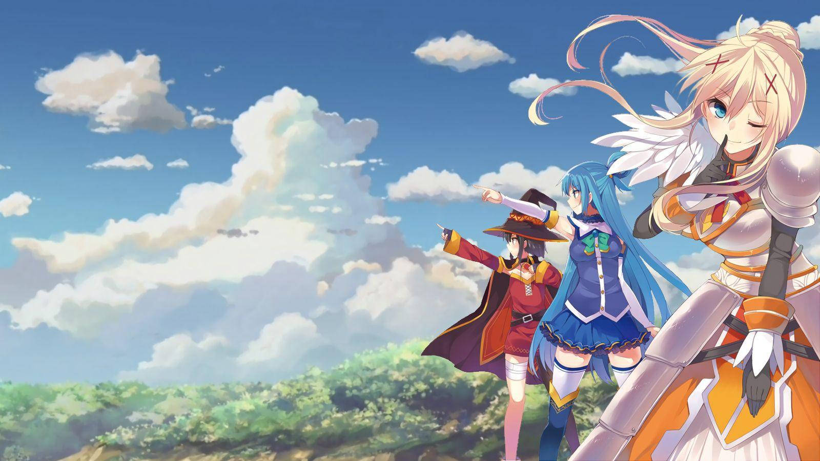 Konosuba, cloudy sky, anime girls, HD Desktop Wallpaper