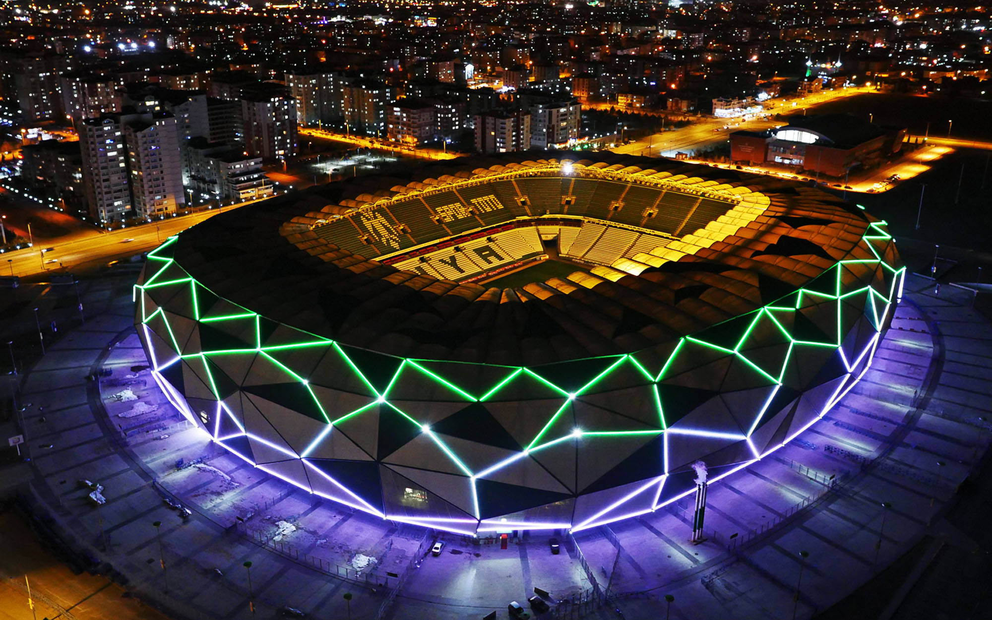Konya Stadium, night, green lights, Full HD Desktop Wallpaper