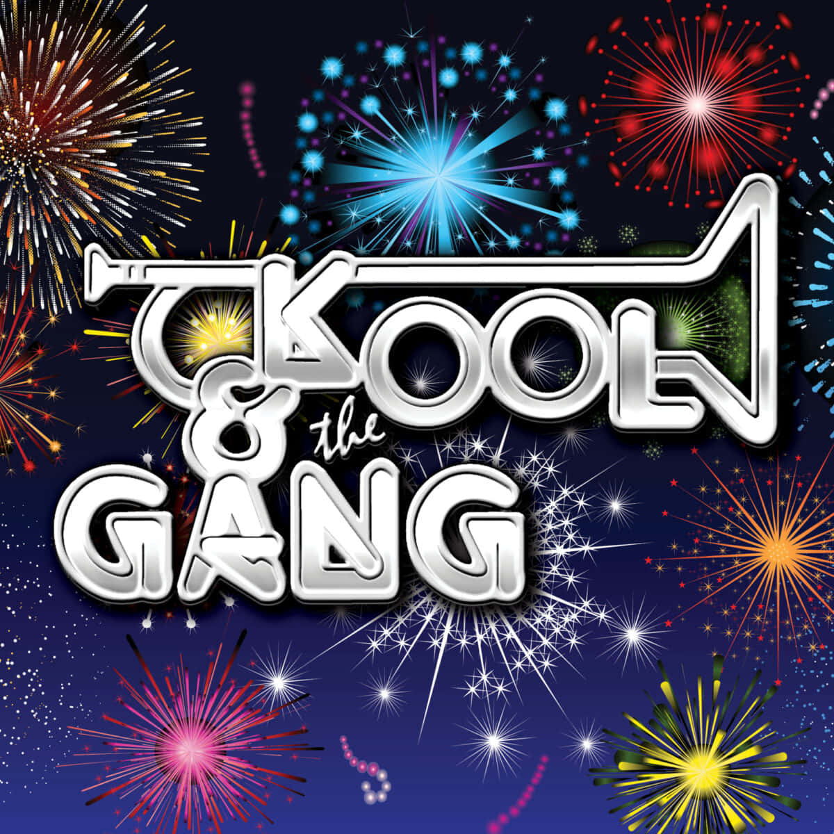 Kool & the Gang, fireworks, shiny silver trumpet-shaped logo, SD Desktop Wallpaper