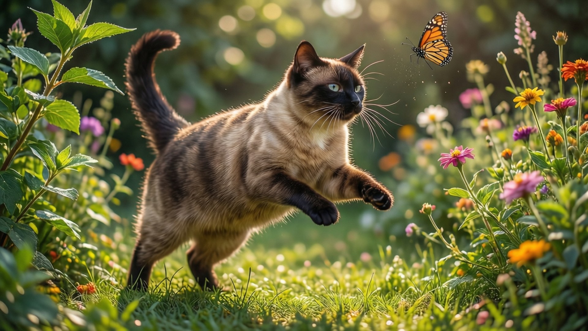 Korat, Siamese cat, sunlit garden, Full HD Desktop Wallpaper