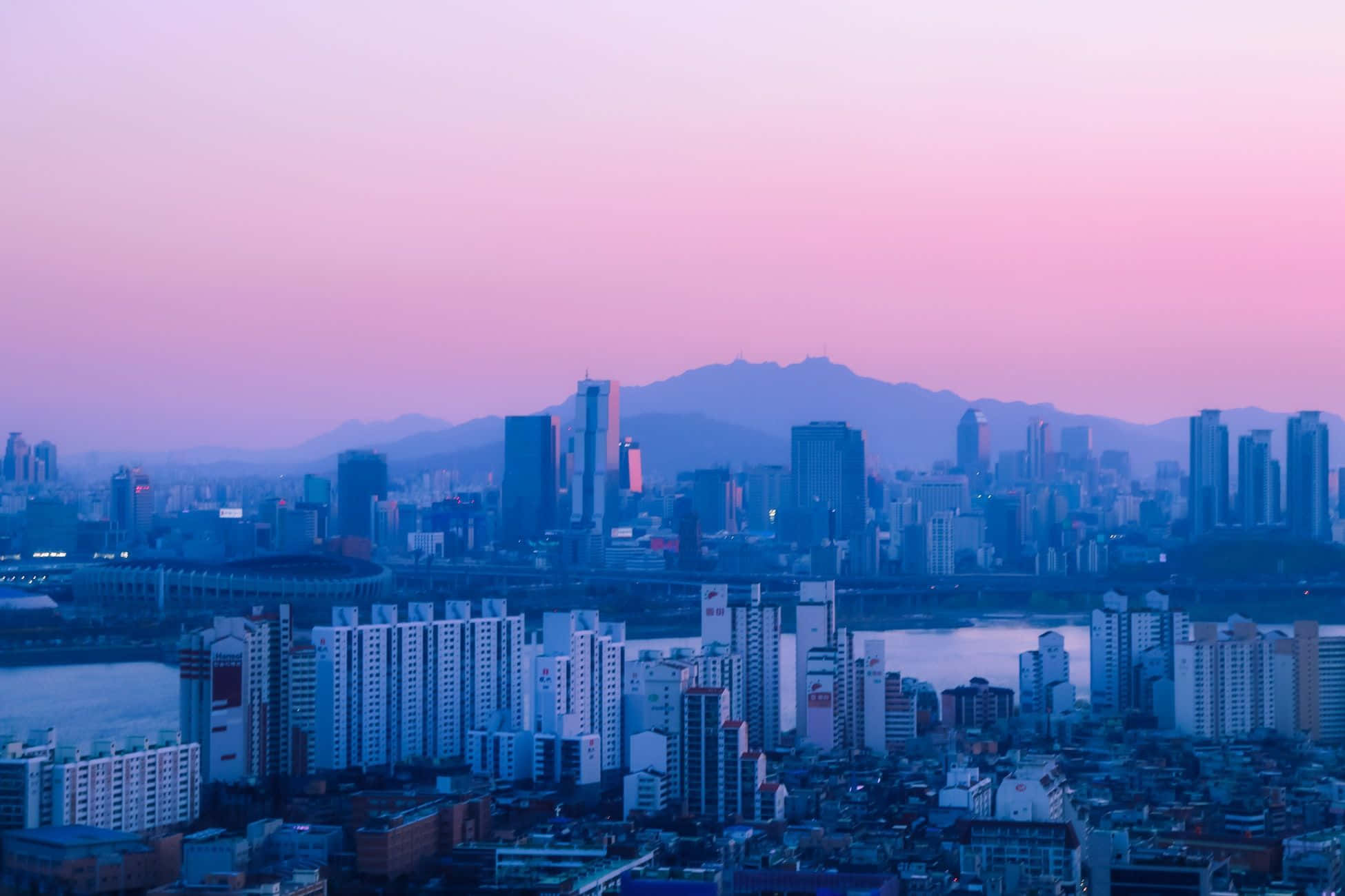 Korean Aesthetic Computer, City Skyline, twilight, Full HD Desktop Wallpaper