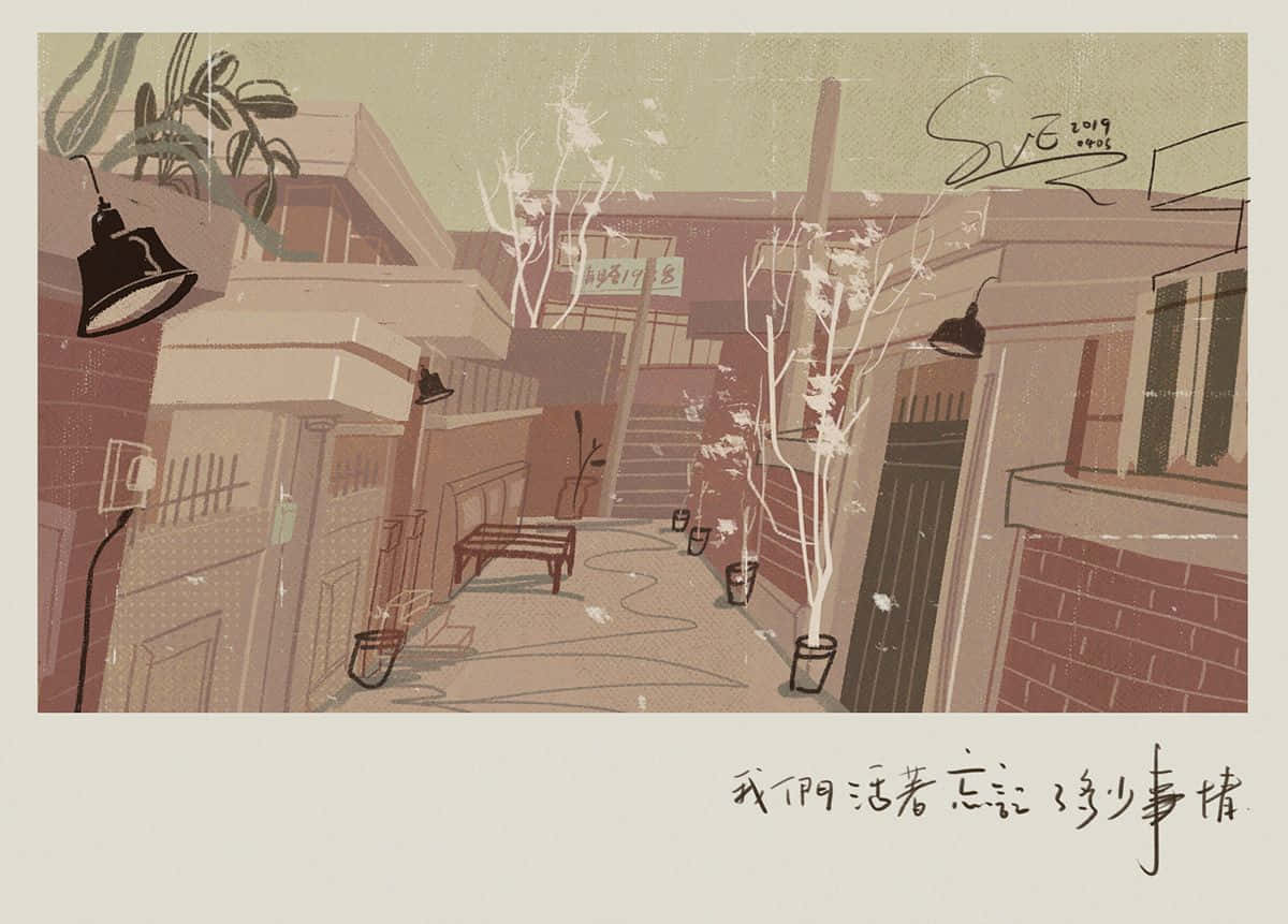 Korean Aesthetic Painting Computer, illustrated alleyway, brick buildings, SD Desktop Wallpaper