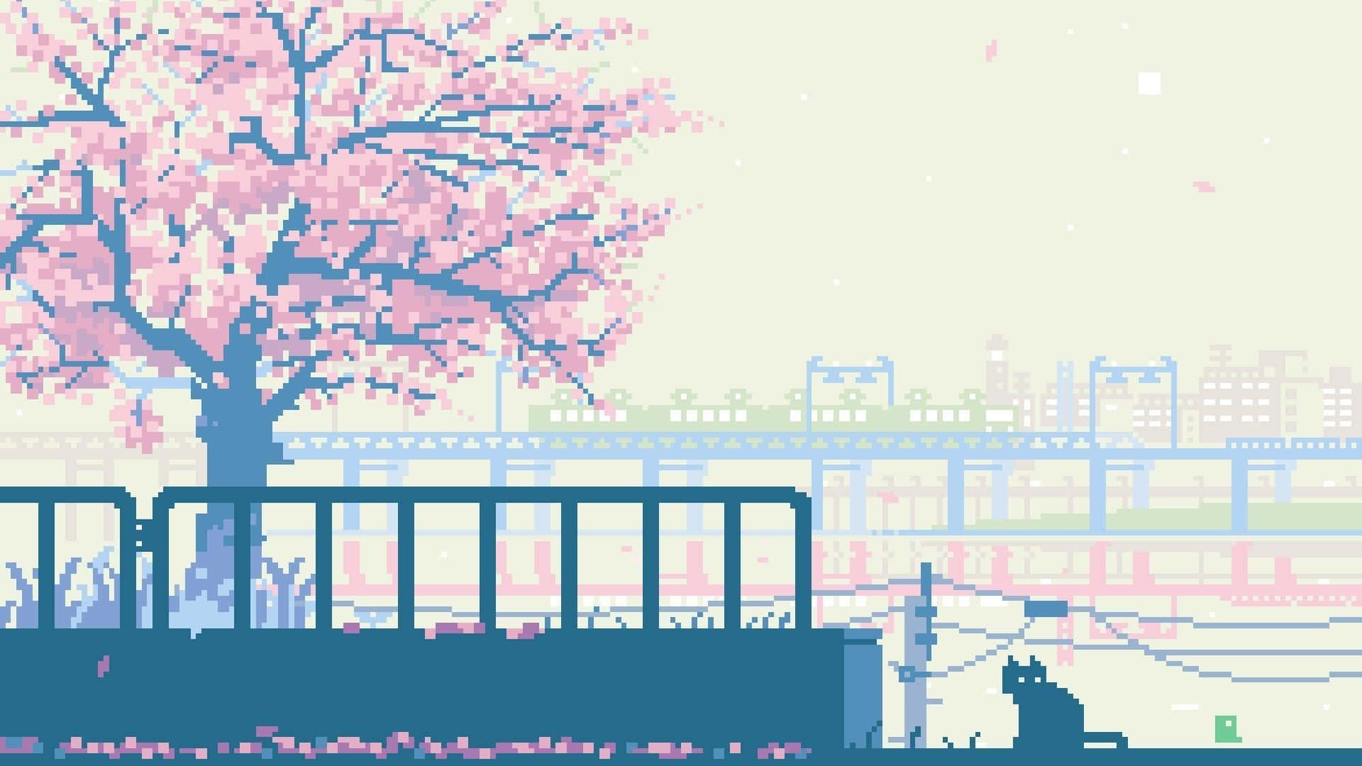 Pixel-art cherry blossom tree, train track, city skyline, Full HD Desktop Wallpaper