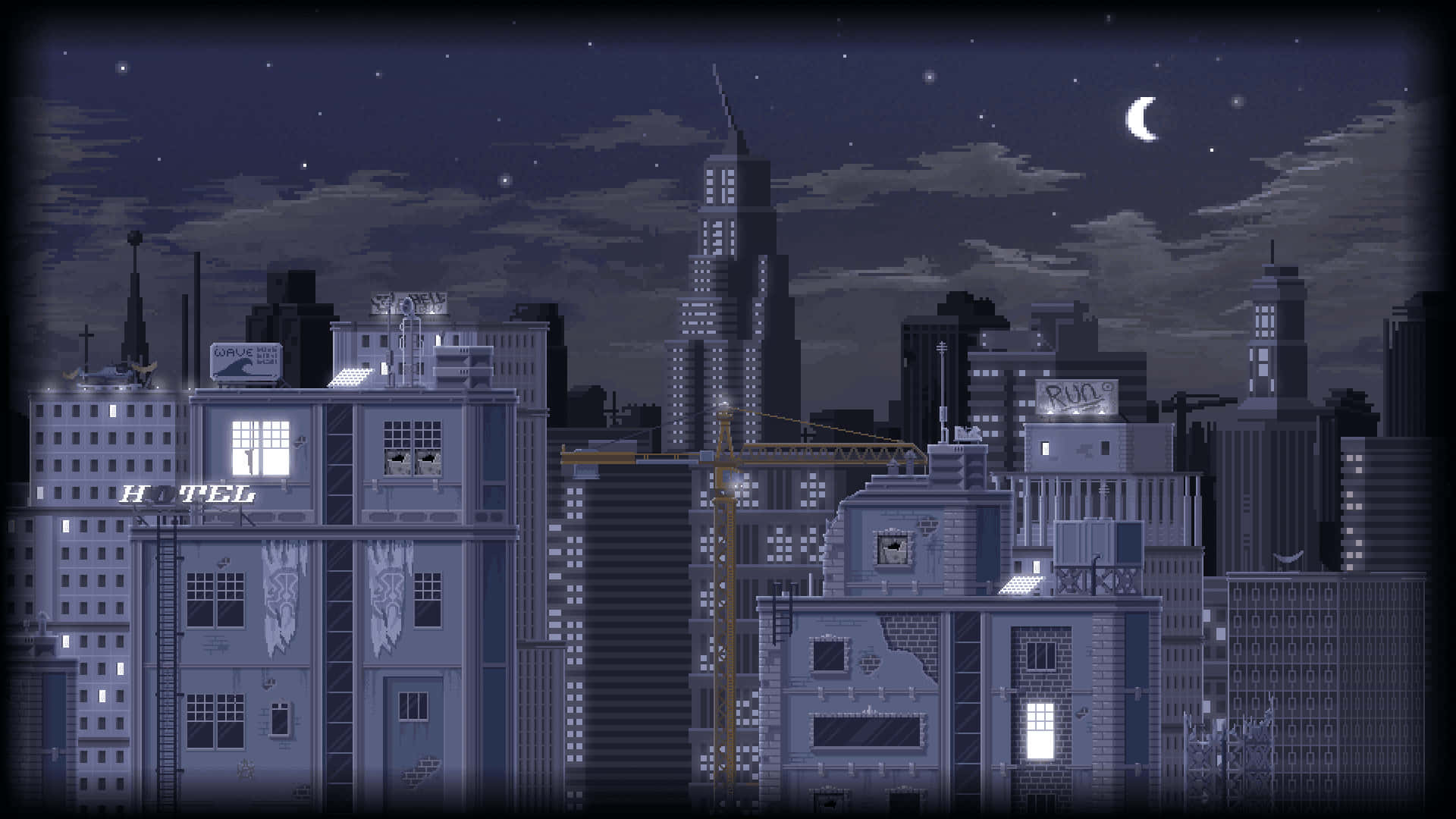 Korean Aesthetic Computer, pixel-art city skyline, glowing windows, Full HD Desktop Wallpaper