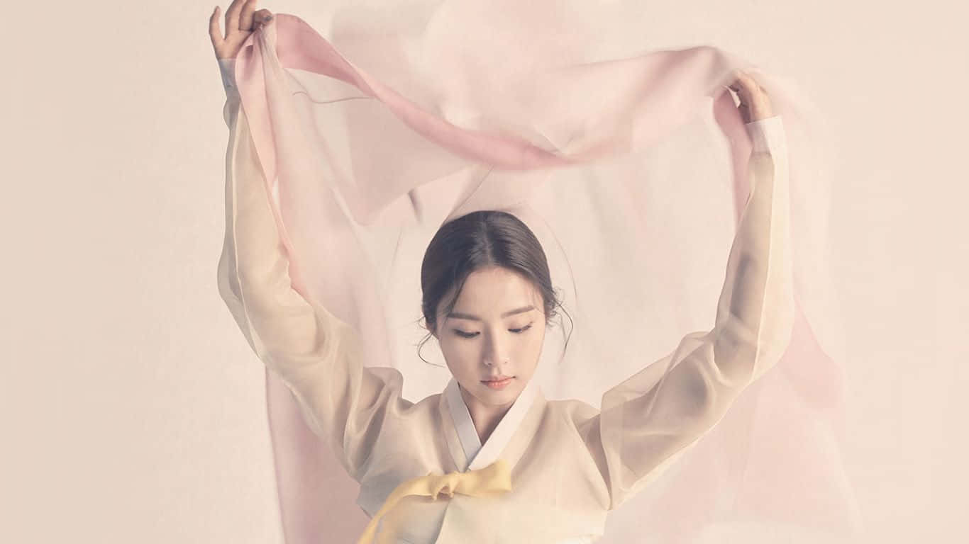Korean Girl In Hanbok Aesthetic Computer, hanbok, pink silk scarf, HD Desktop Wallpaper