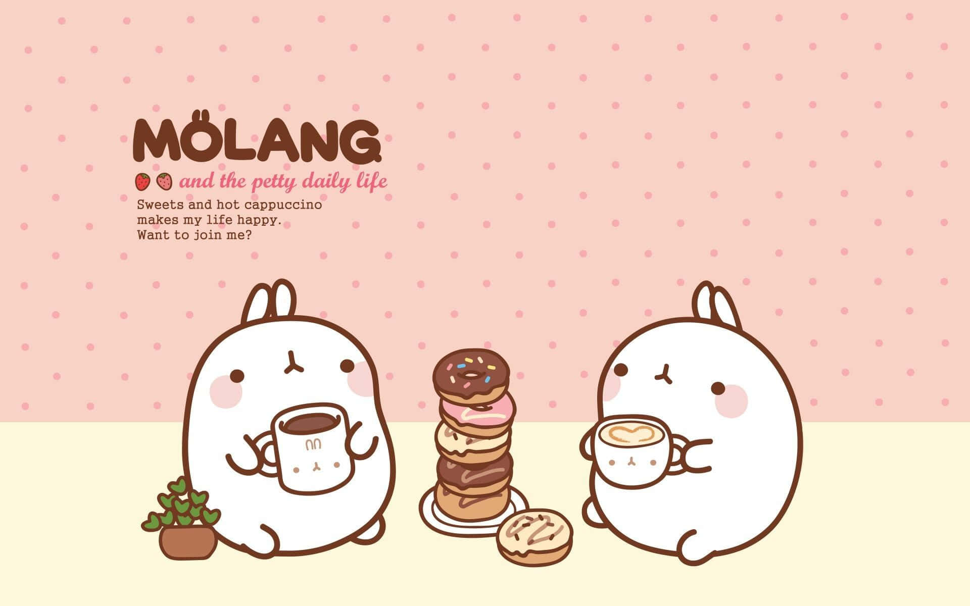Korean Kawaii Bunny Aesthetic Computer, white rabbit characters, coffee, Full HD Desktop Wallpaper