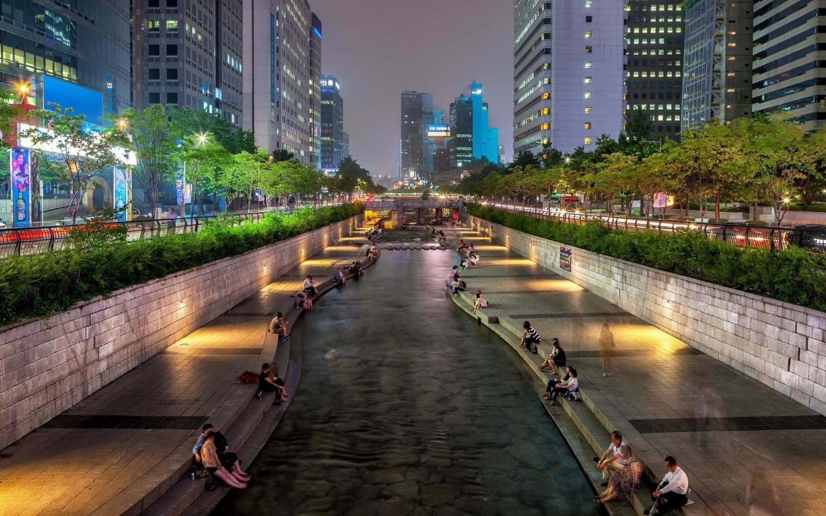 Korean Tourist Attraction Aesthetic Computer, glowing urban canal, twilight, HD Desktop Wallpaper