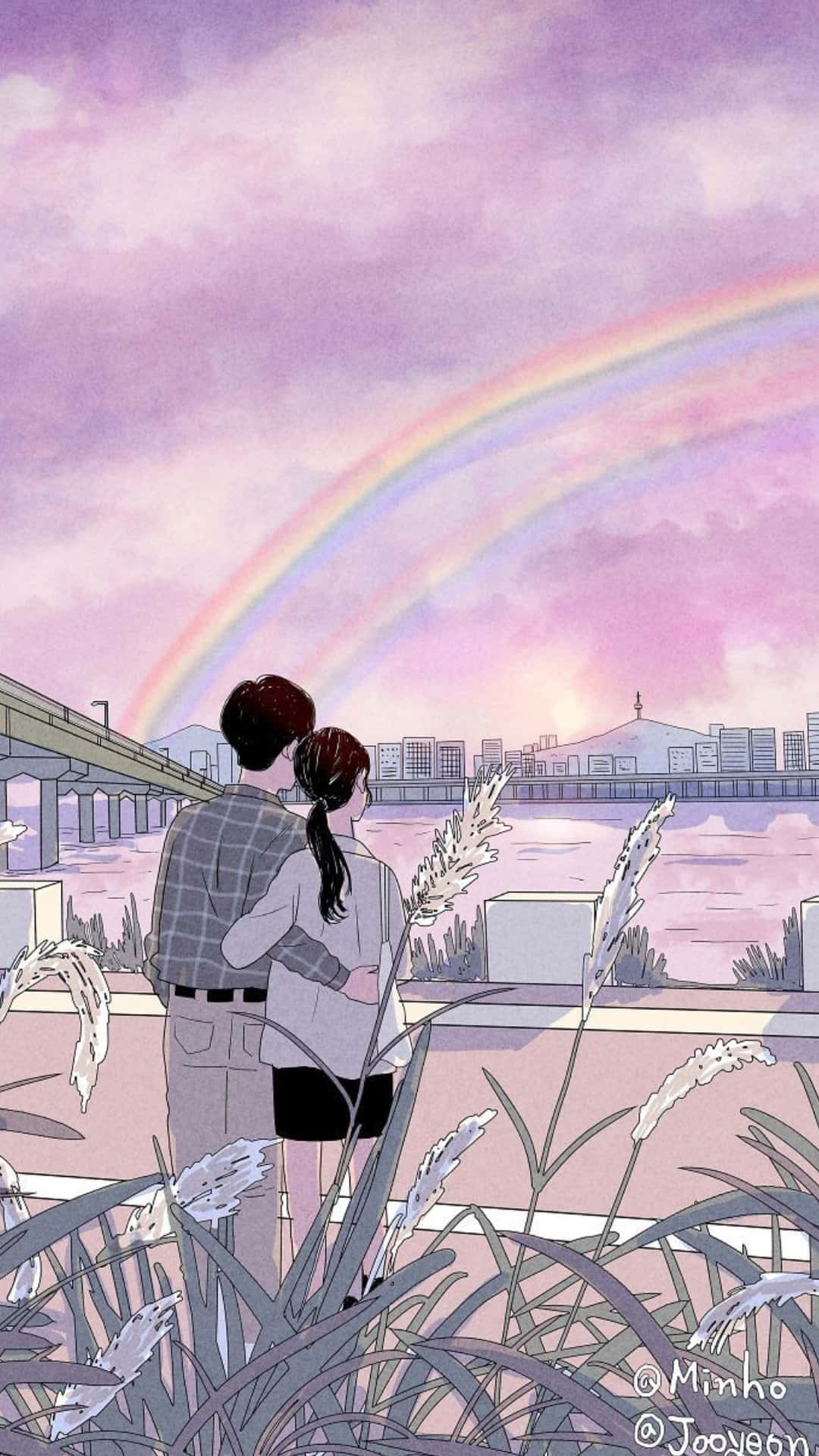 riverside path, vibrant rainbow, cityscape, Full HD Phone Wallpaper