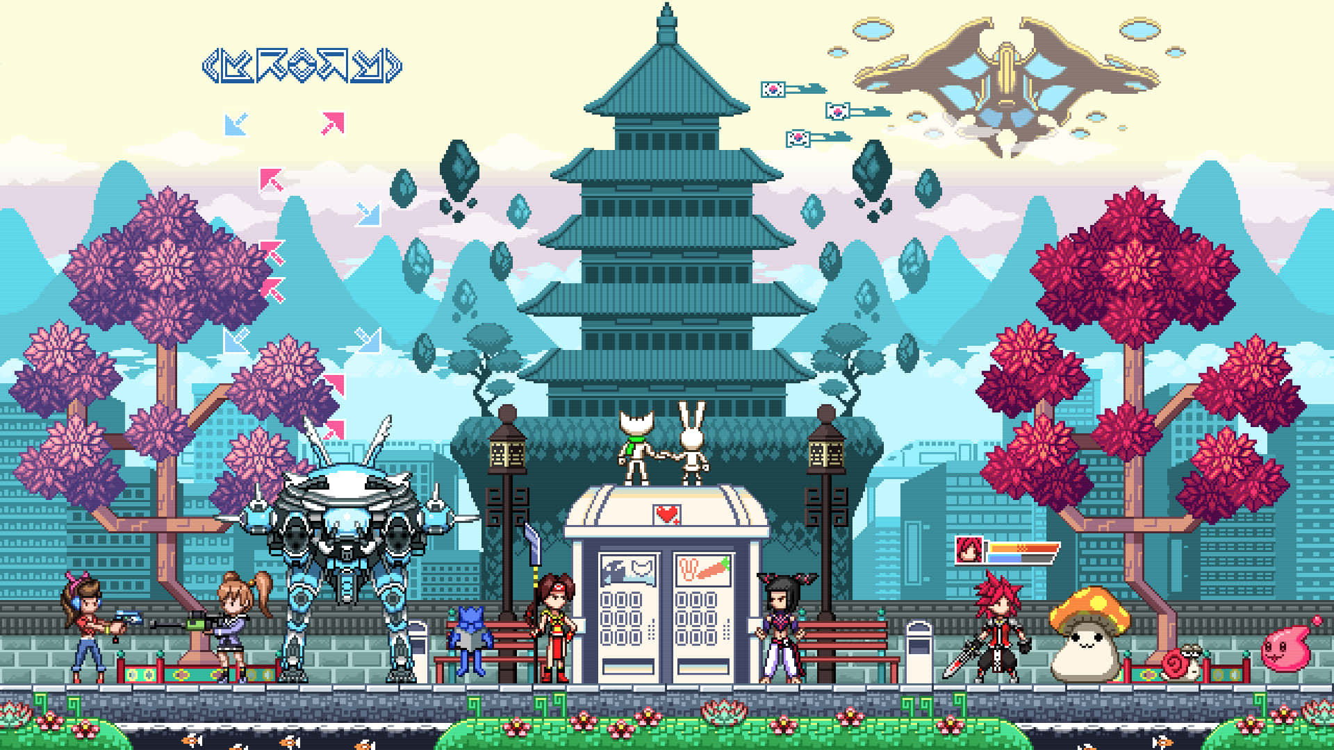 Korean Aesthetic Desktop, pixel-art game scene, characters, Full HD Desktop Wallpaper