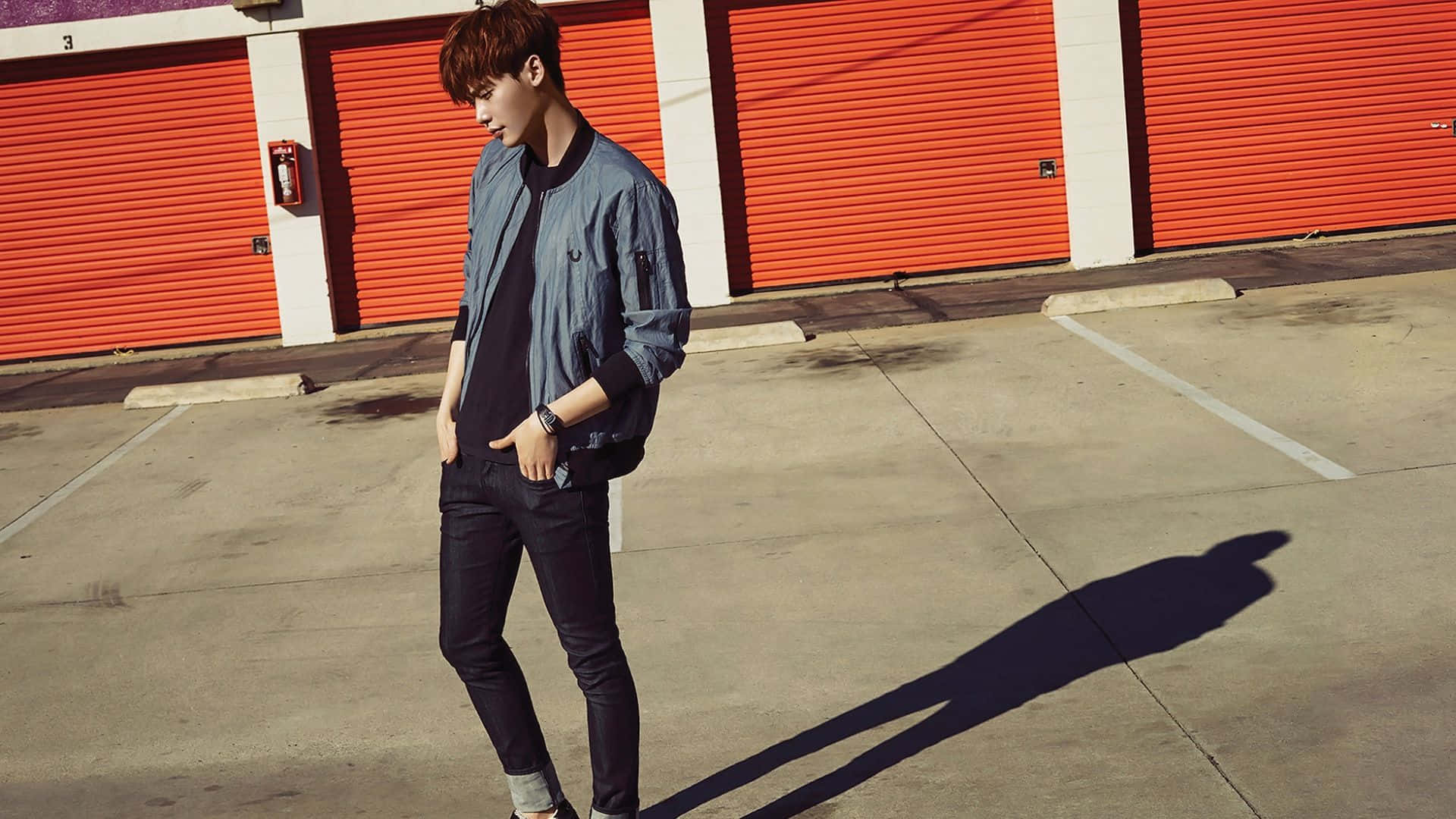 blue jacket, red garage, sunlit parking lot, Full HD Desktop Wallpaper