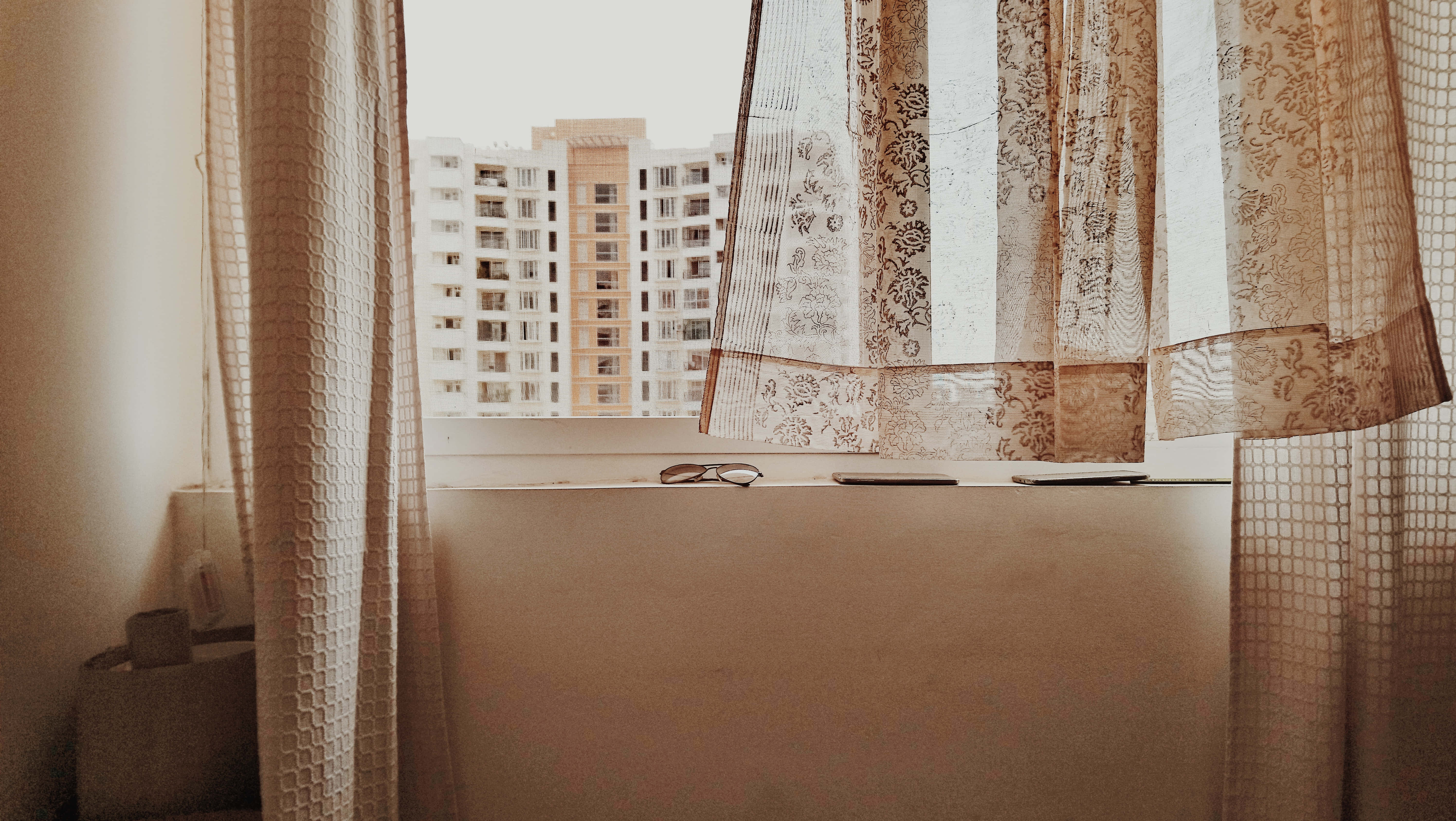 beige curtains, window, tall apartment building, 5K Desktop Wallpaper