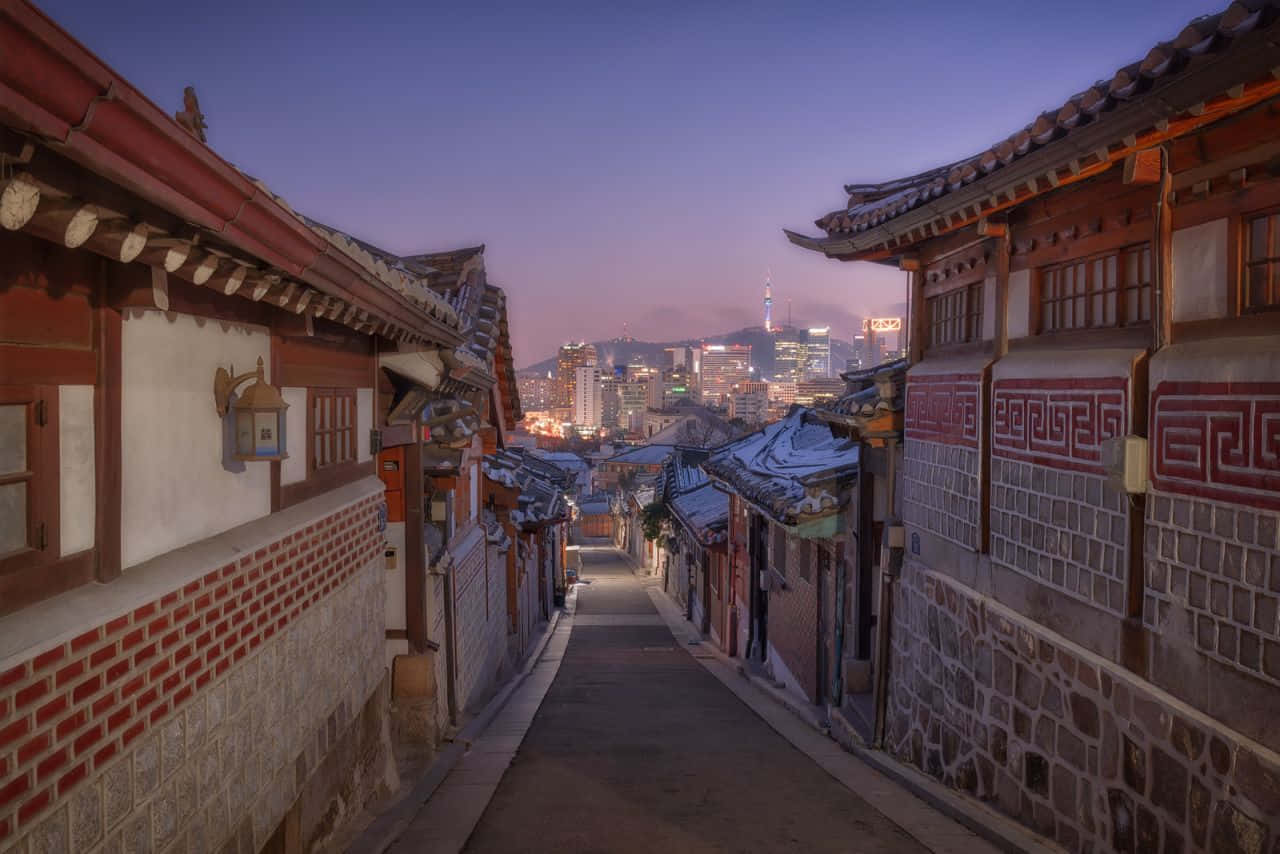 Korean Houses Aesthetic, traditional Korean alleyway, dusk, HD Desktop Wallpaper