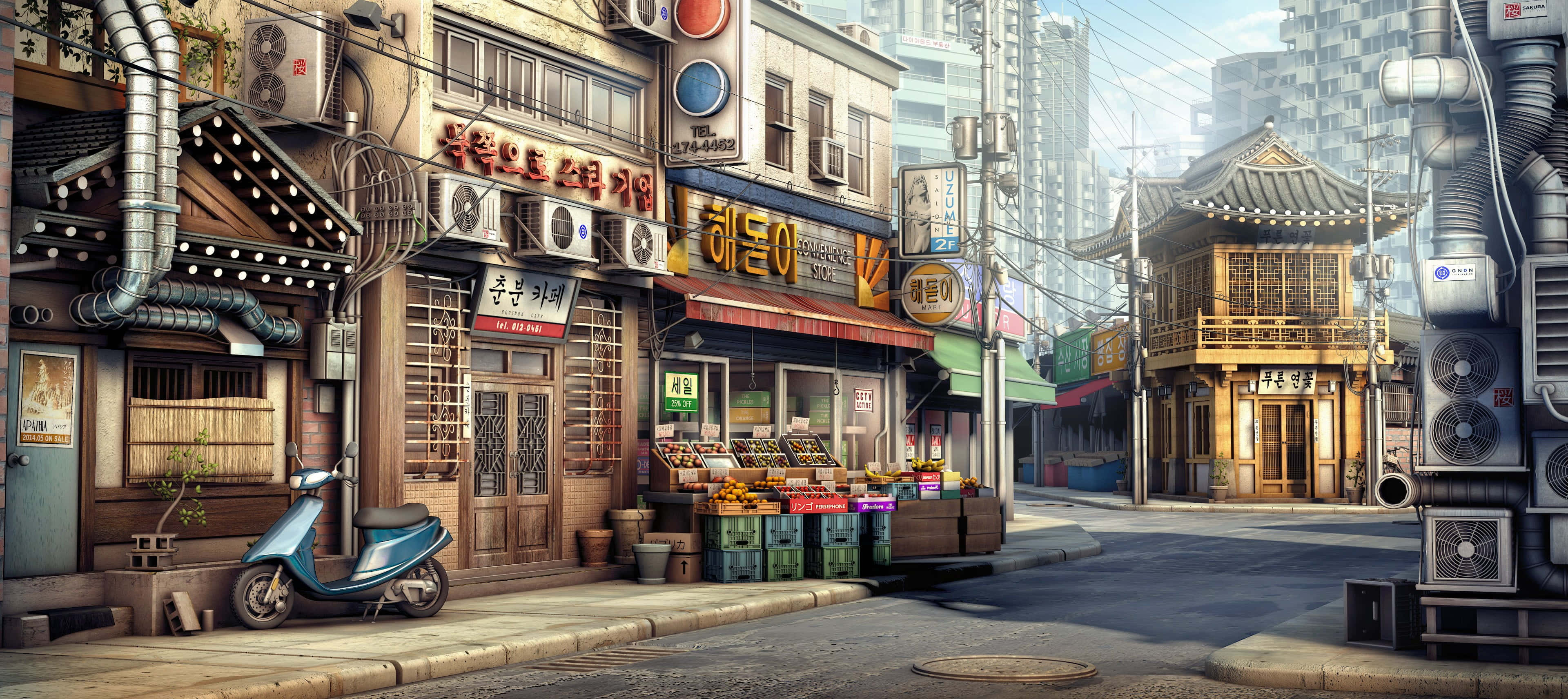 Korean Aesthetic Desktop, traditional Korean architecture, modern urban elements, 4K Desktop Wallpaper