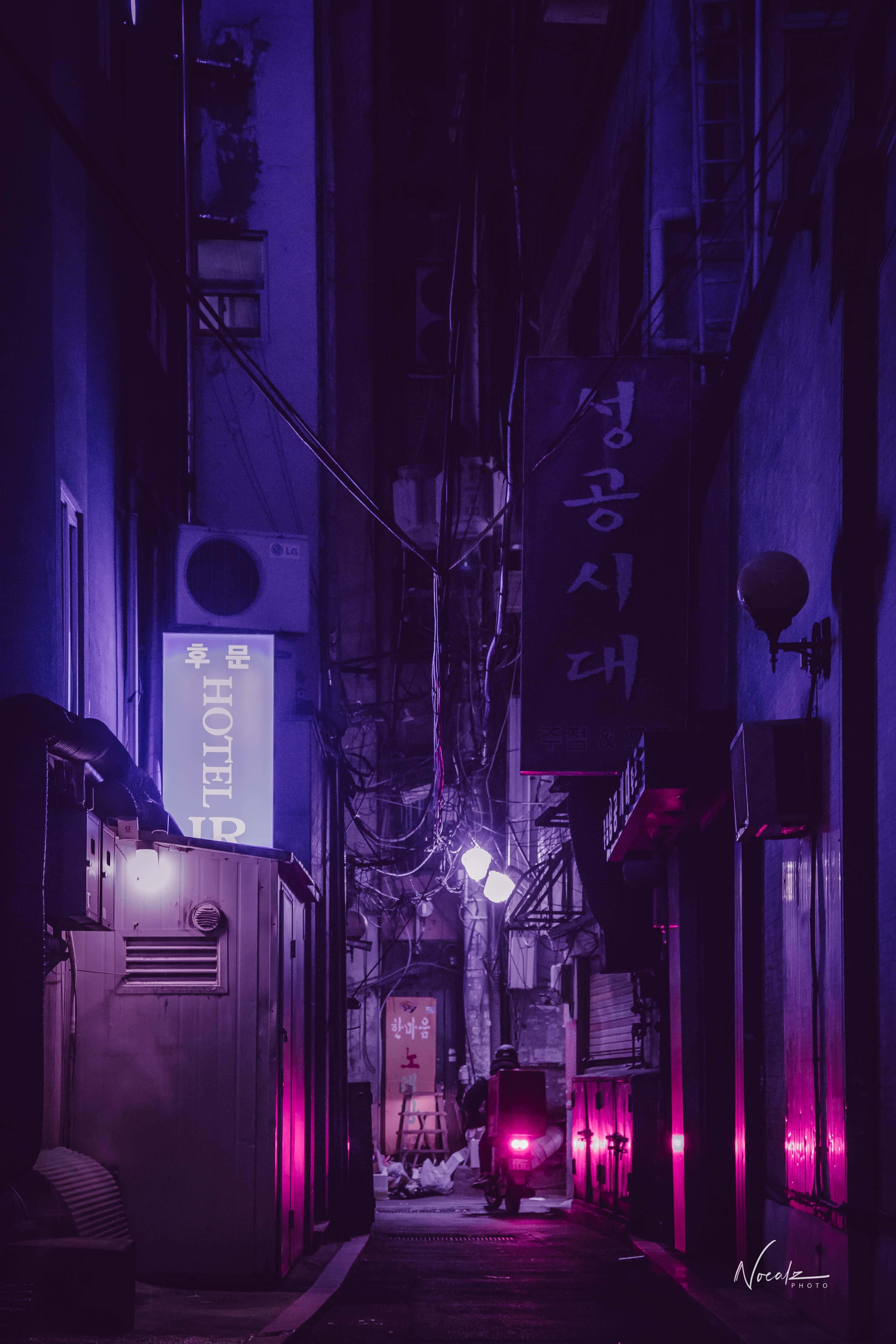 neon lights, narrow alley, night, 5K Phone Wallpaper
