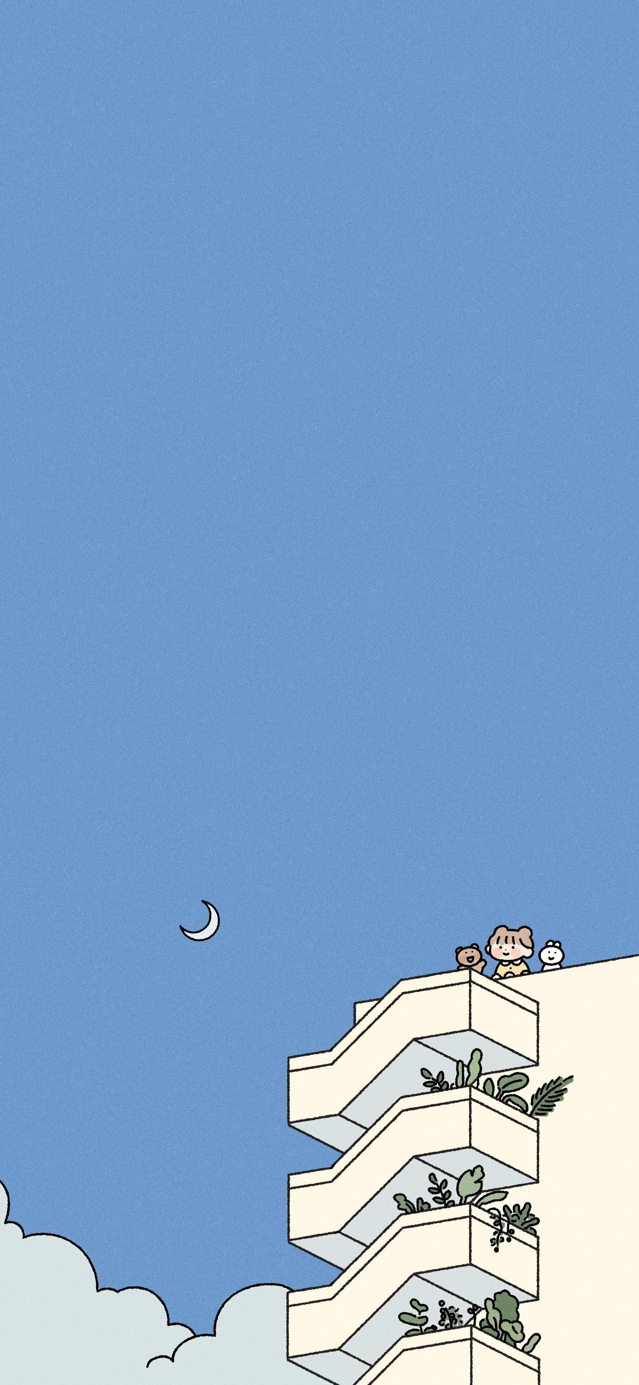 Korean Aesthetic, blue sky, crescent moon, 4K Phone Wallpaper