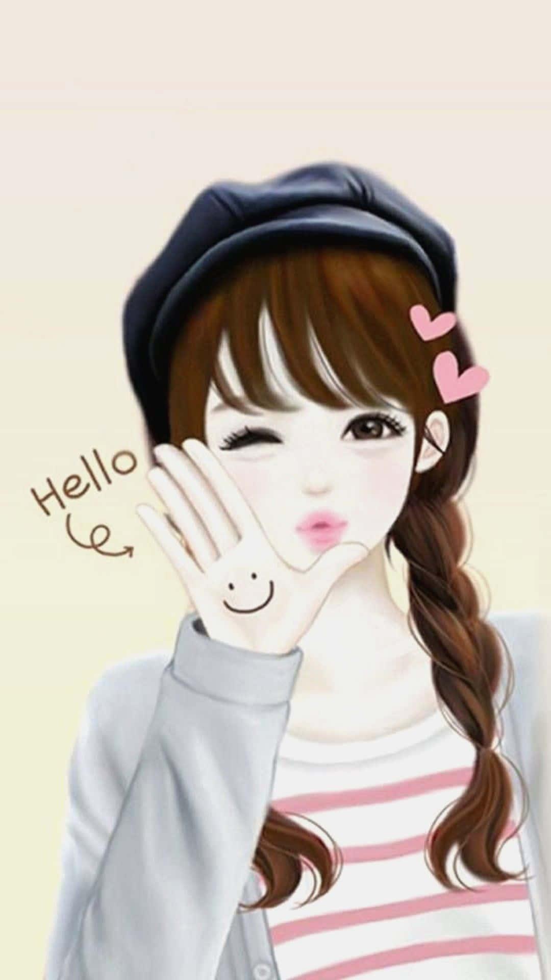 Korean Anime Girl, smiley face on hand, brown braided hair, Full HD Phone Wallpaper