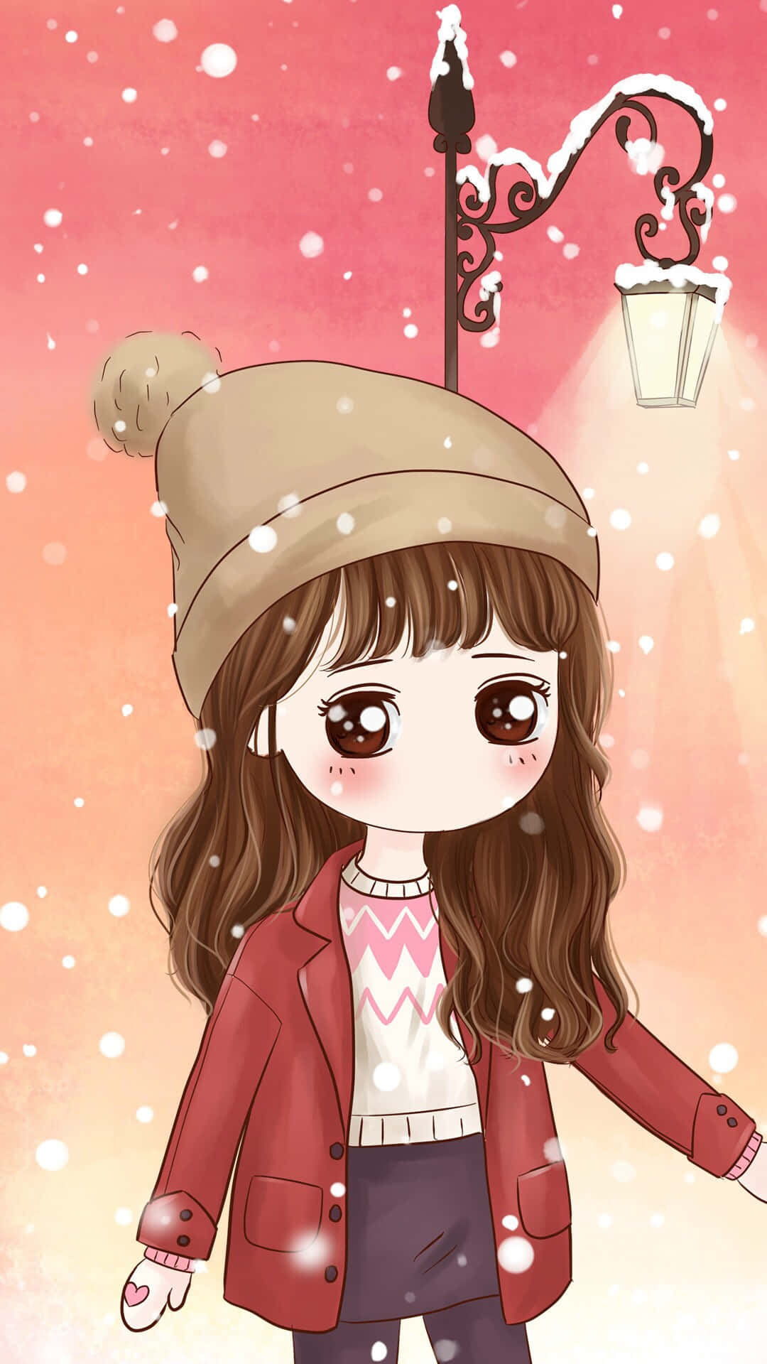 Korean Anime Girl, beige beanie, red coat, Full HD Phone Wallpaper