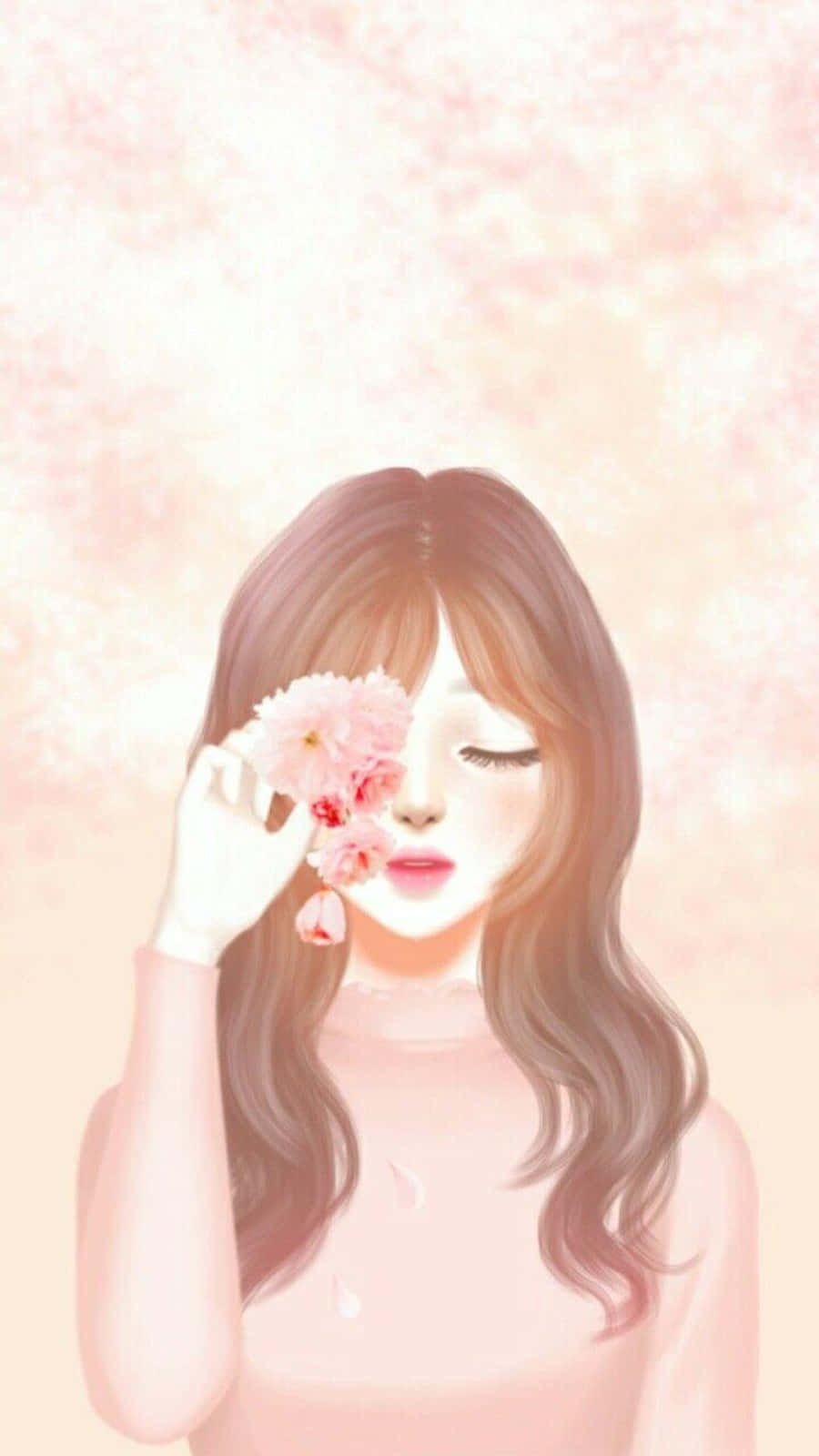 Korean Anime Girl, wavy brown hair, soft pink cherry blossoms, HD Phone Wallpaper