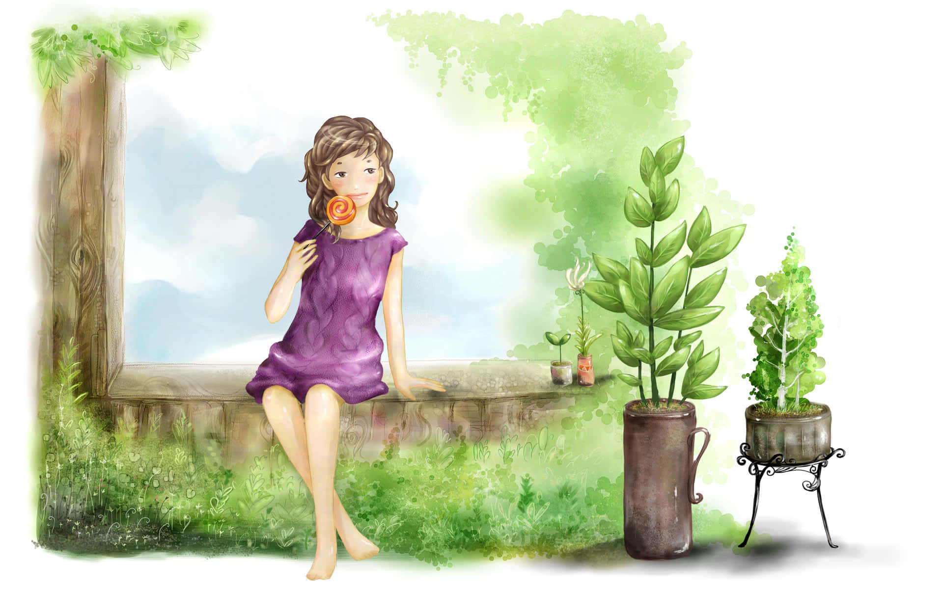 Korean Anime Girl, watercolor style, purple dress, Full HD Desktop Wallpaper