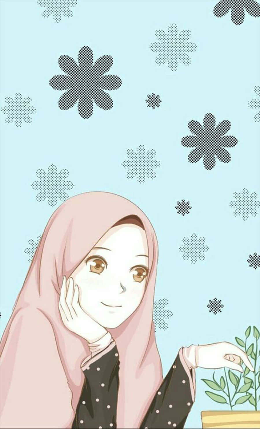 Korean Anime Girl, pink hijab, potted plant, HD Phone Wallpaper