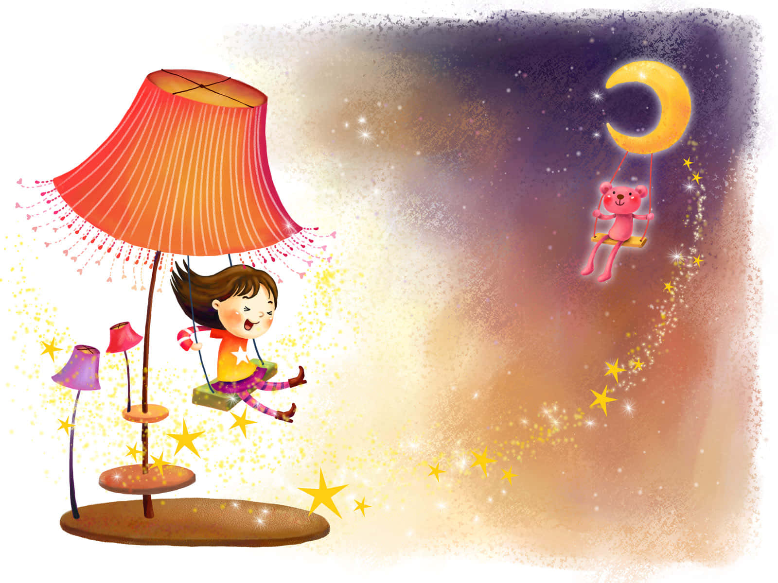 Korean Anime Girl, pink teddy bear, giant lampshade, HD Desktop Wallpaper