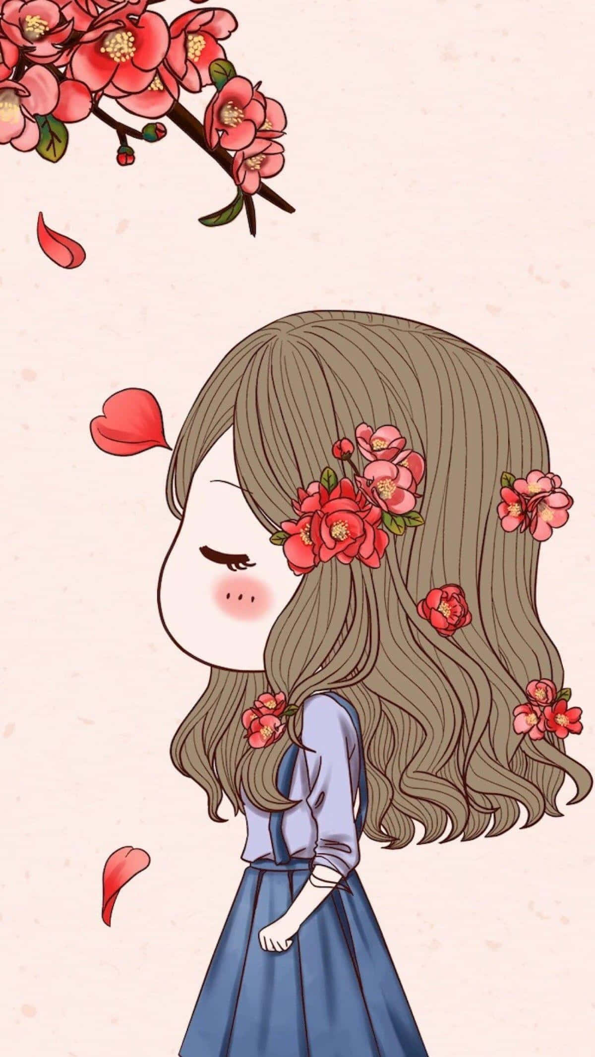 Korean Anime Girl, long brown hair, red blossoms, Full HD Phone Wallpaper