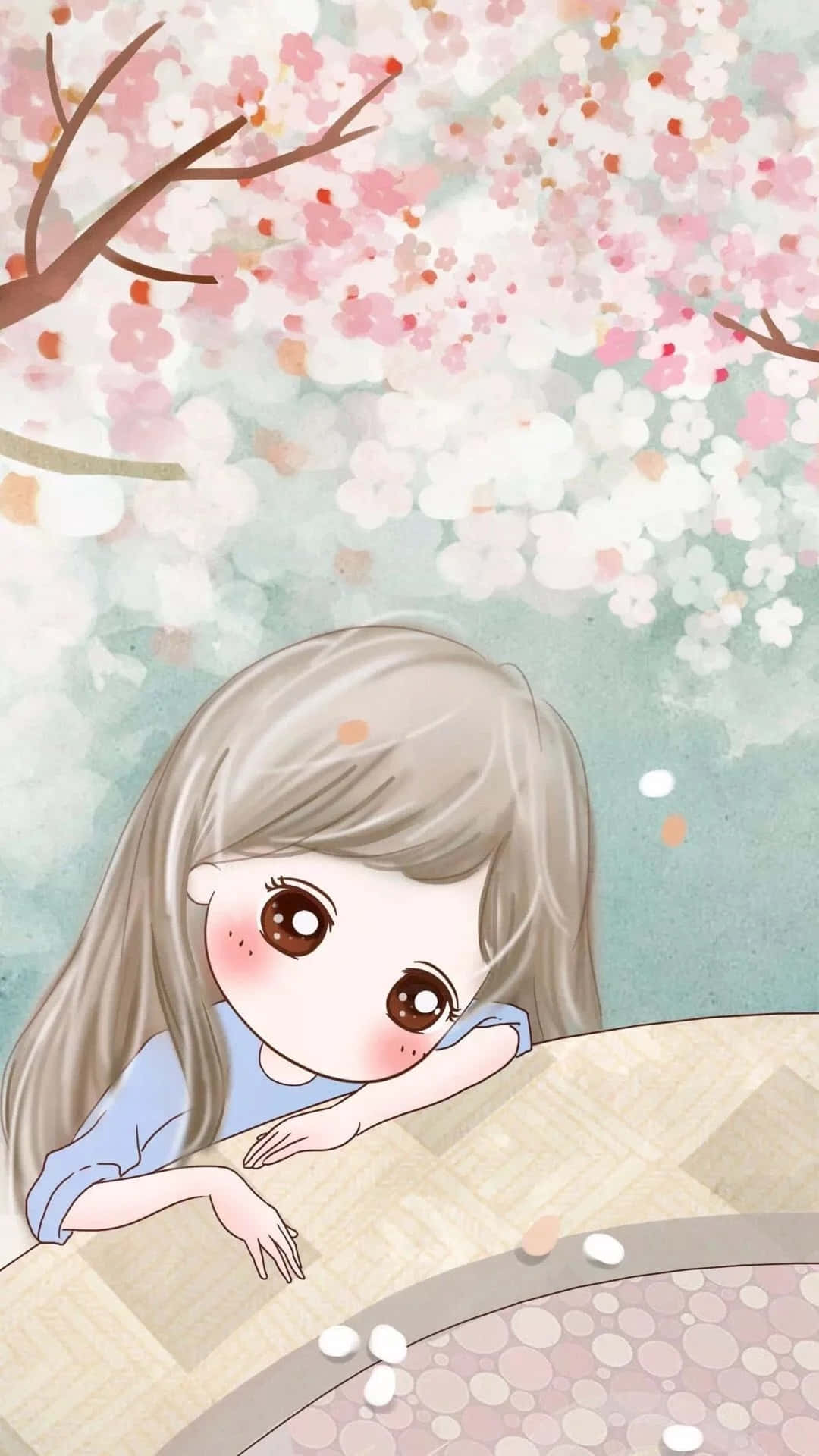 Korean Anime Girl, watercolor, blossoming cherry tree, Full HD Phone Wallpaper