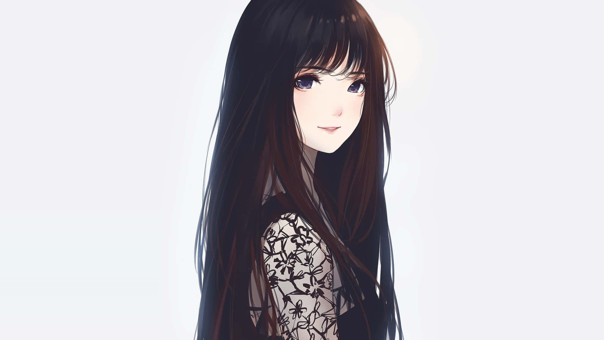 Korean Anime Girl, long black hair, floral lace top, Full HD Desktop Wallpaper