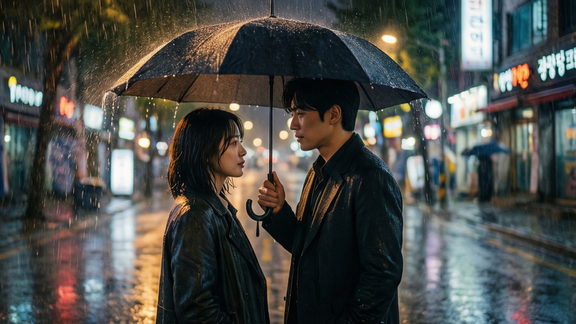 Rainy Seoul Embrace, black leather jackets, black umbrella, Full HD Desktop Wallpaper
