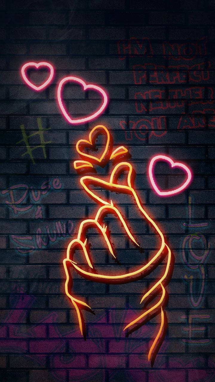 glowing neon, Korean Finger Heart, hearts, HD Phone Wallpaper