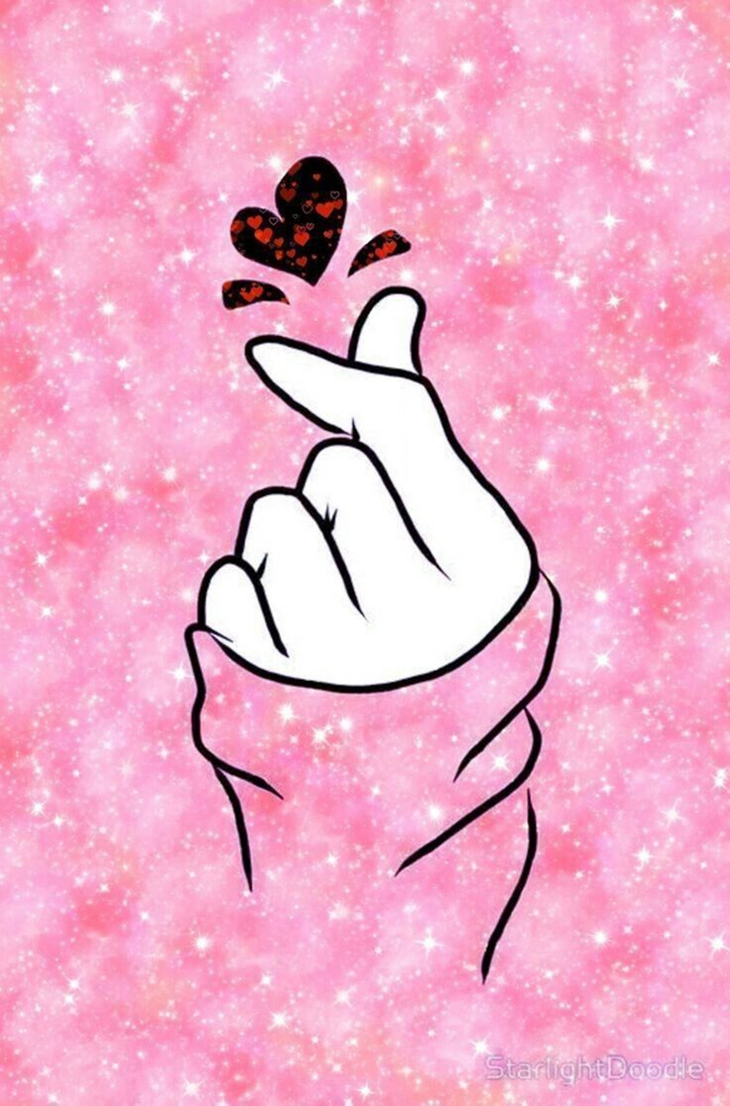 Korean Finger Heart, sparkling pink galaxy, floating hearts, Full HD Phone Wallpaper