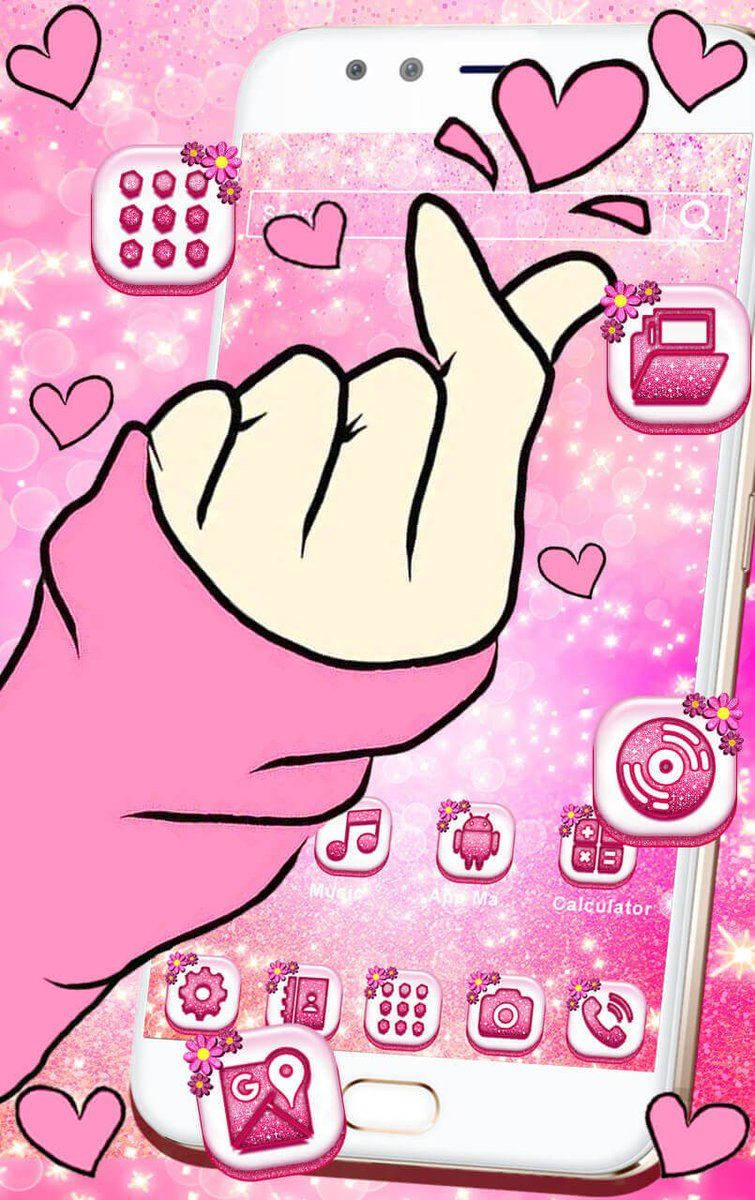 Korean Finger Heart, pink glittery phone wallpaper, cartoon hand, SD Phone Wallpaper