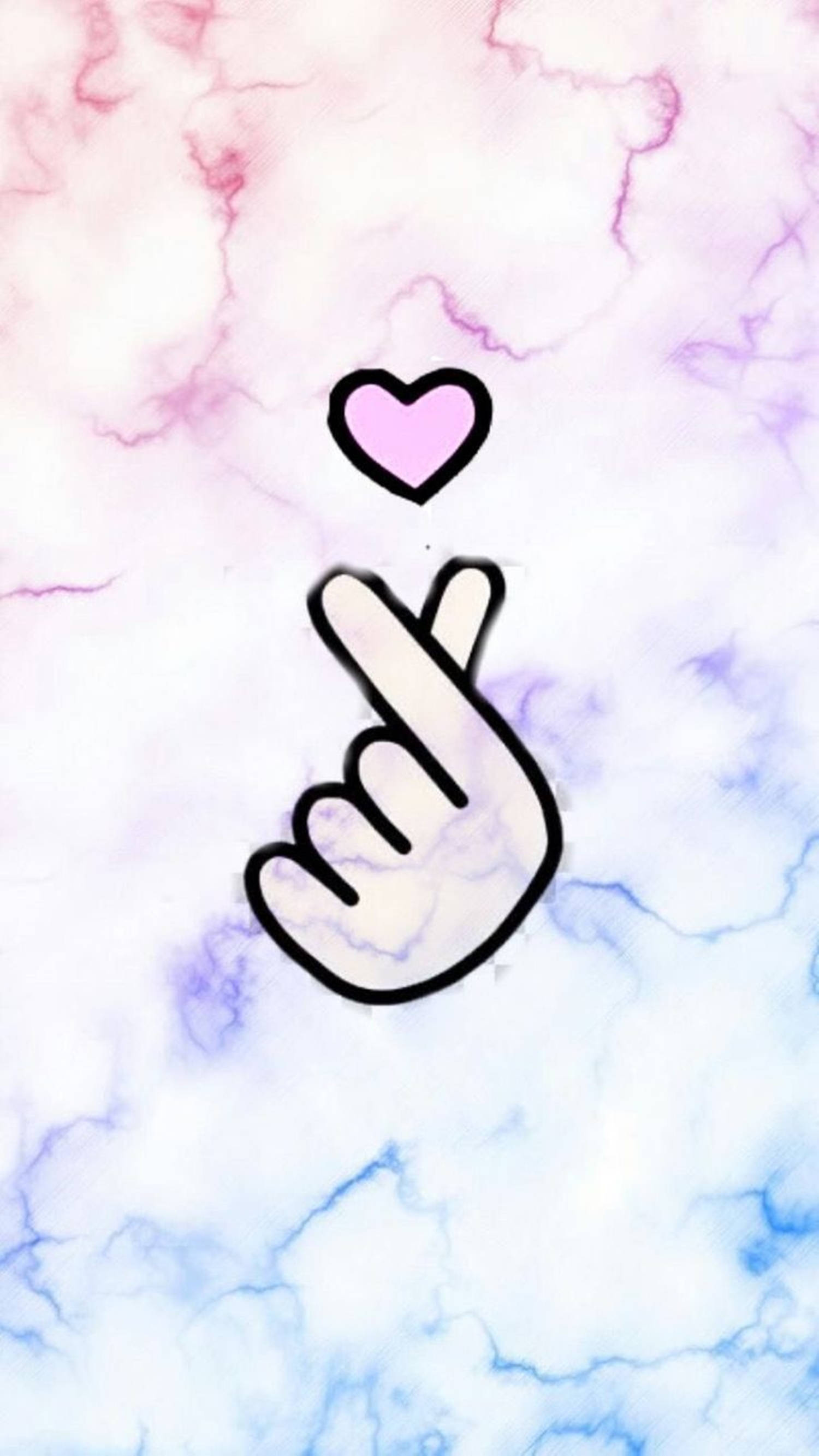 Korean Finger Heart, pink heart, soft marble background, 2K Phone Wallpaper