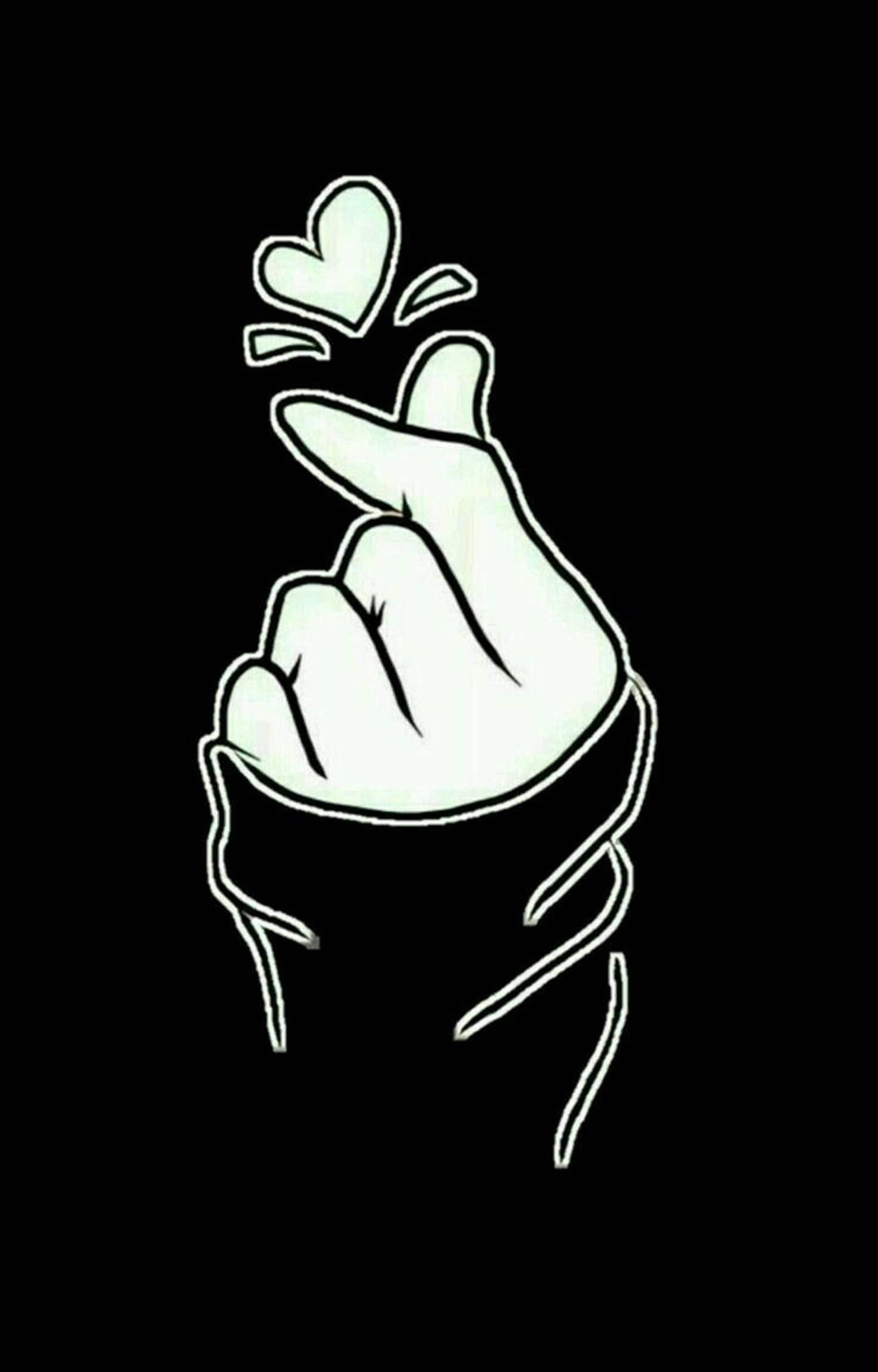 Korean Finger Heart, glowing white hand, black background, Full HD Phone Wallpaper