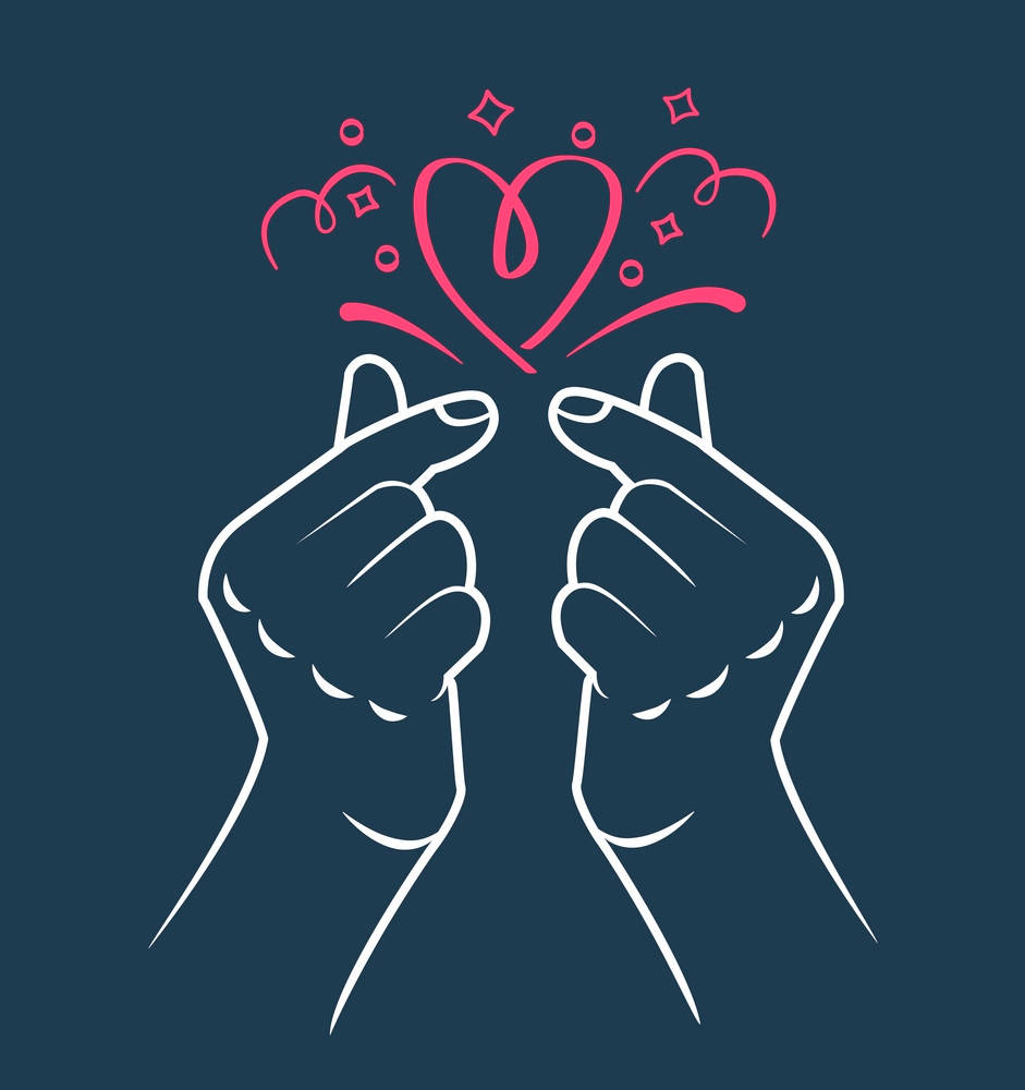 Korean Finger Heart, white line art, heart shape, SD Phone Wallpaper