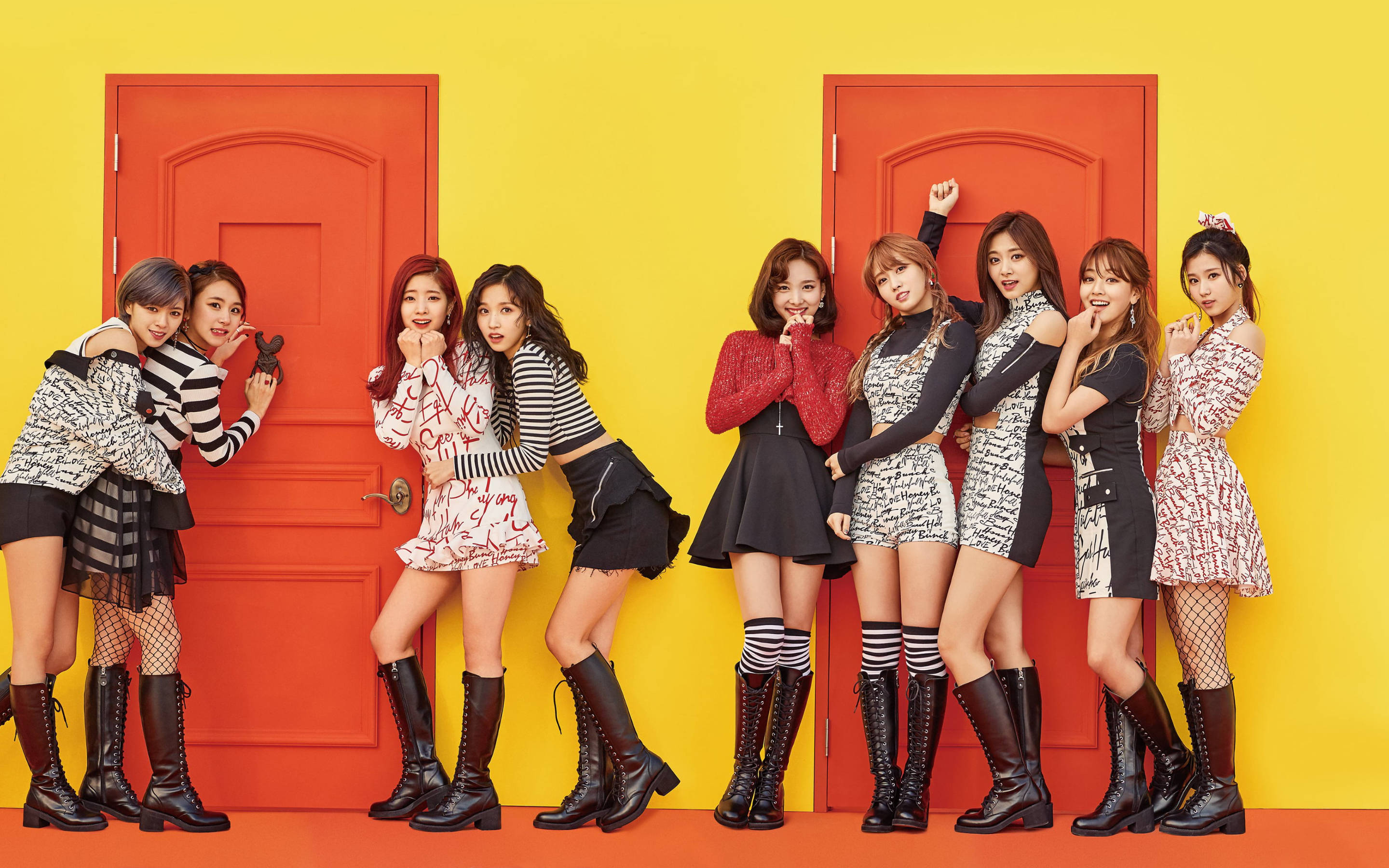 Korean pop culture aesthetic, seven stylish young women, red doors, 2K Desktop Wallpaper